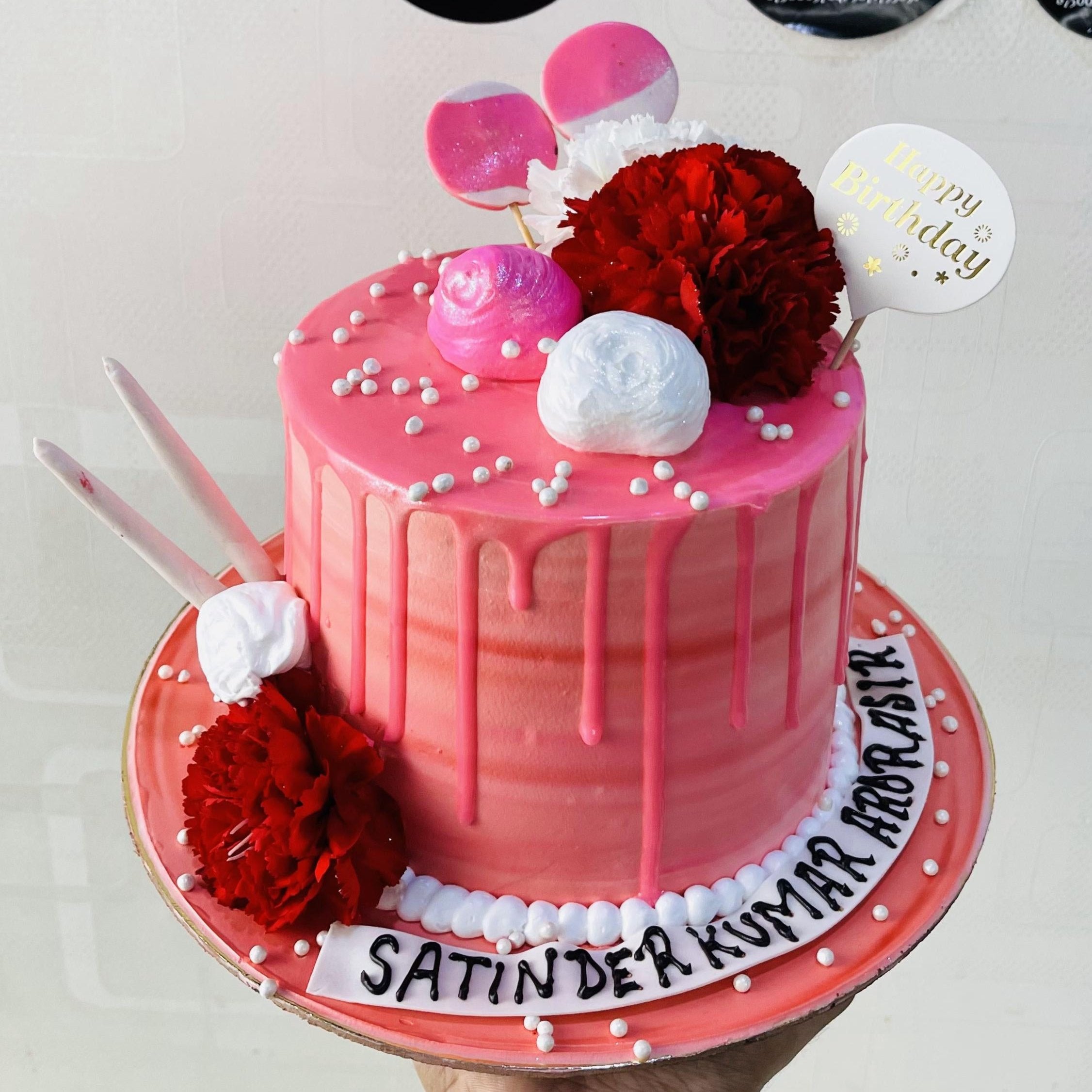 Red Flower Pink Drip Cake