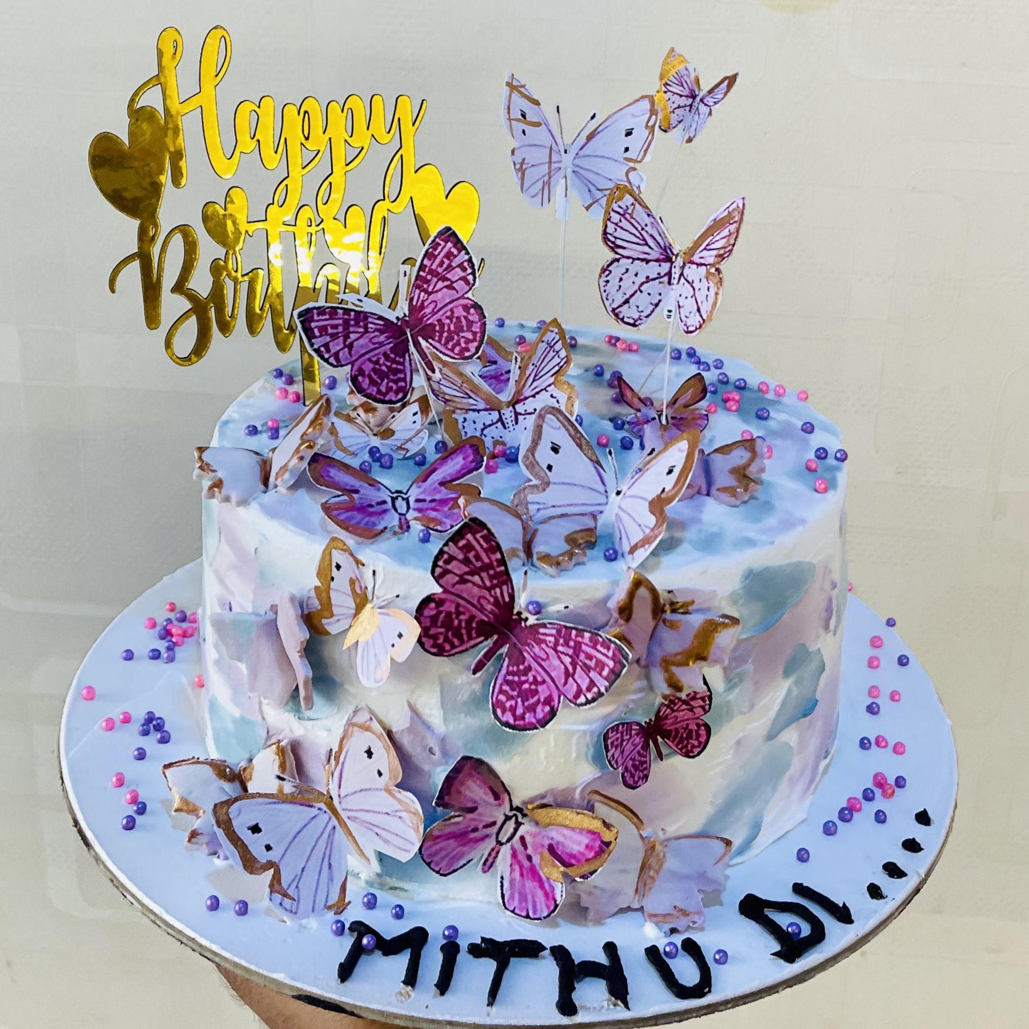 Pink White Butterflies Aesthetic Cake