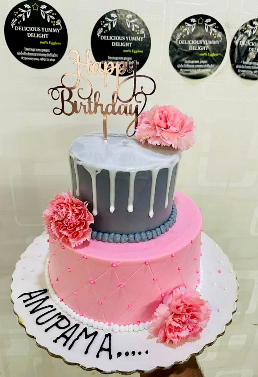 Pink Grey Flowers Cake