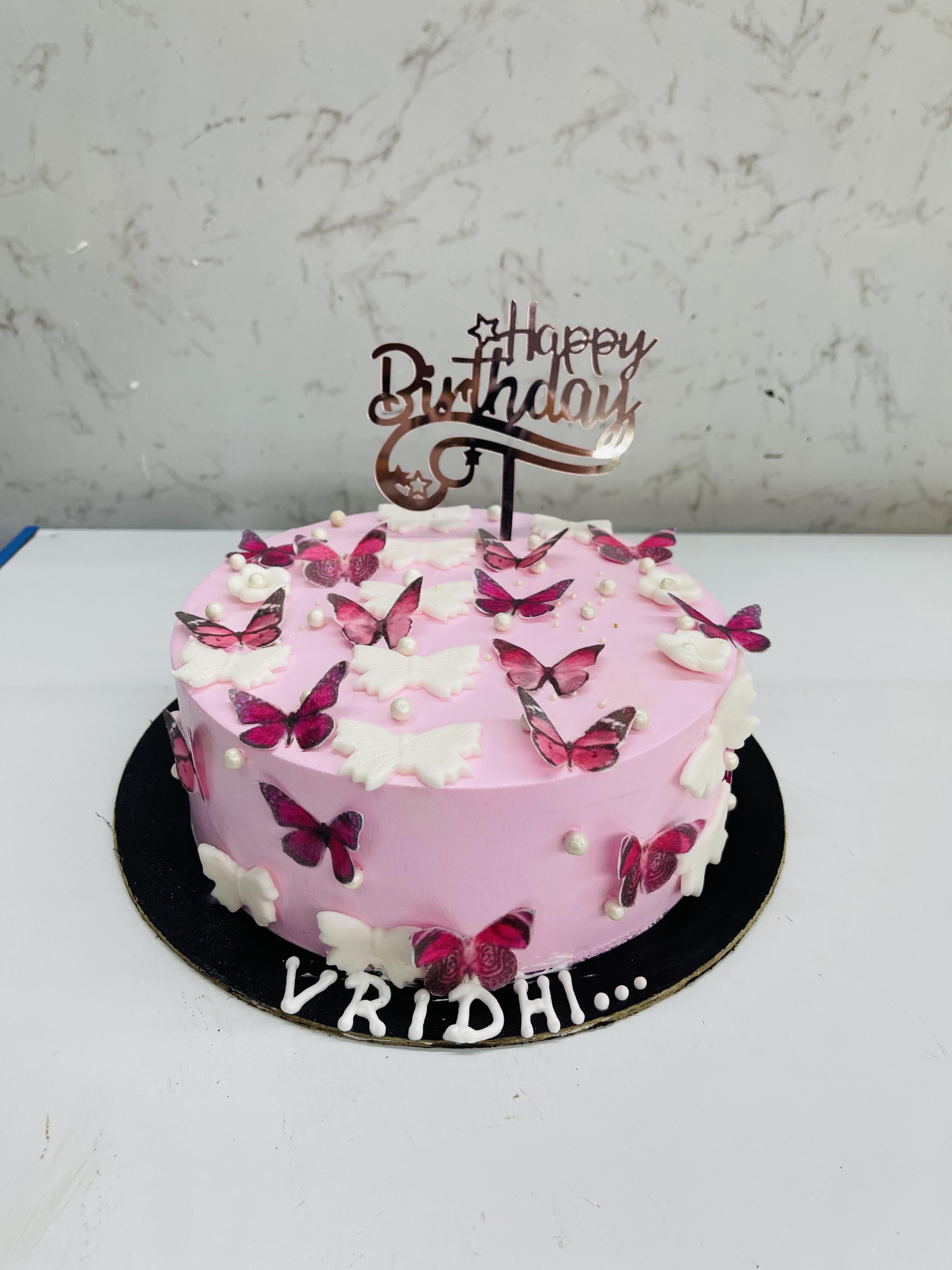 White Pink Butterflies Birthday Cake