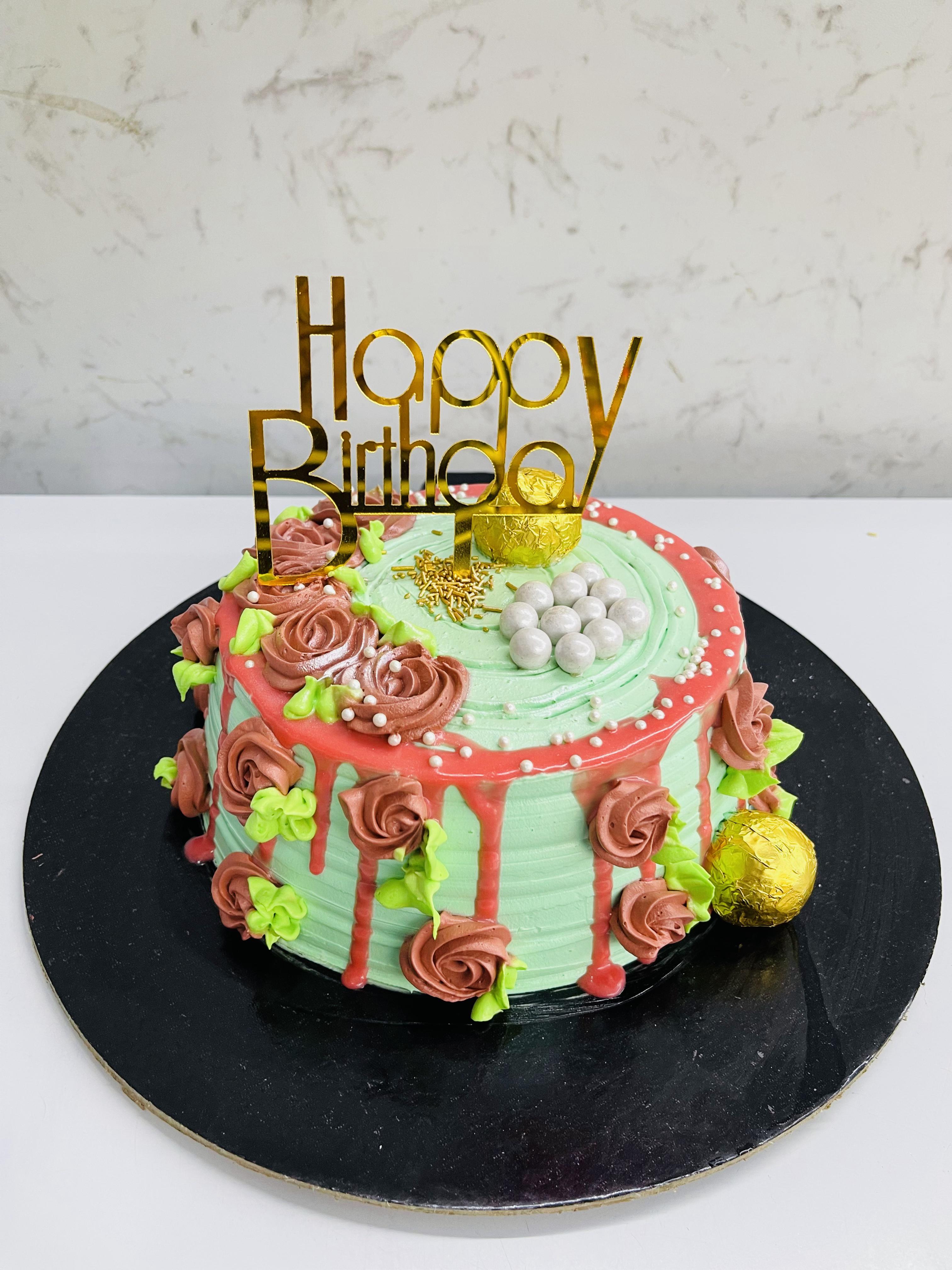 Light Green Cake With Brown Flowers