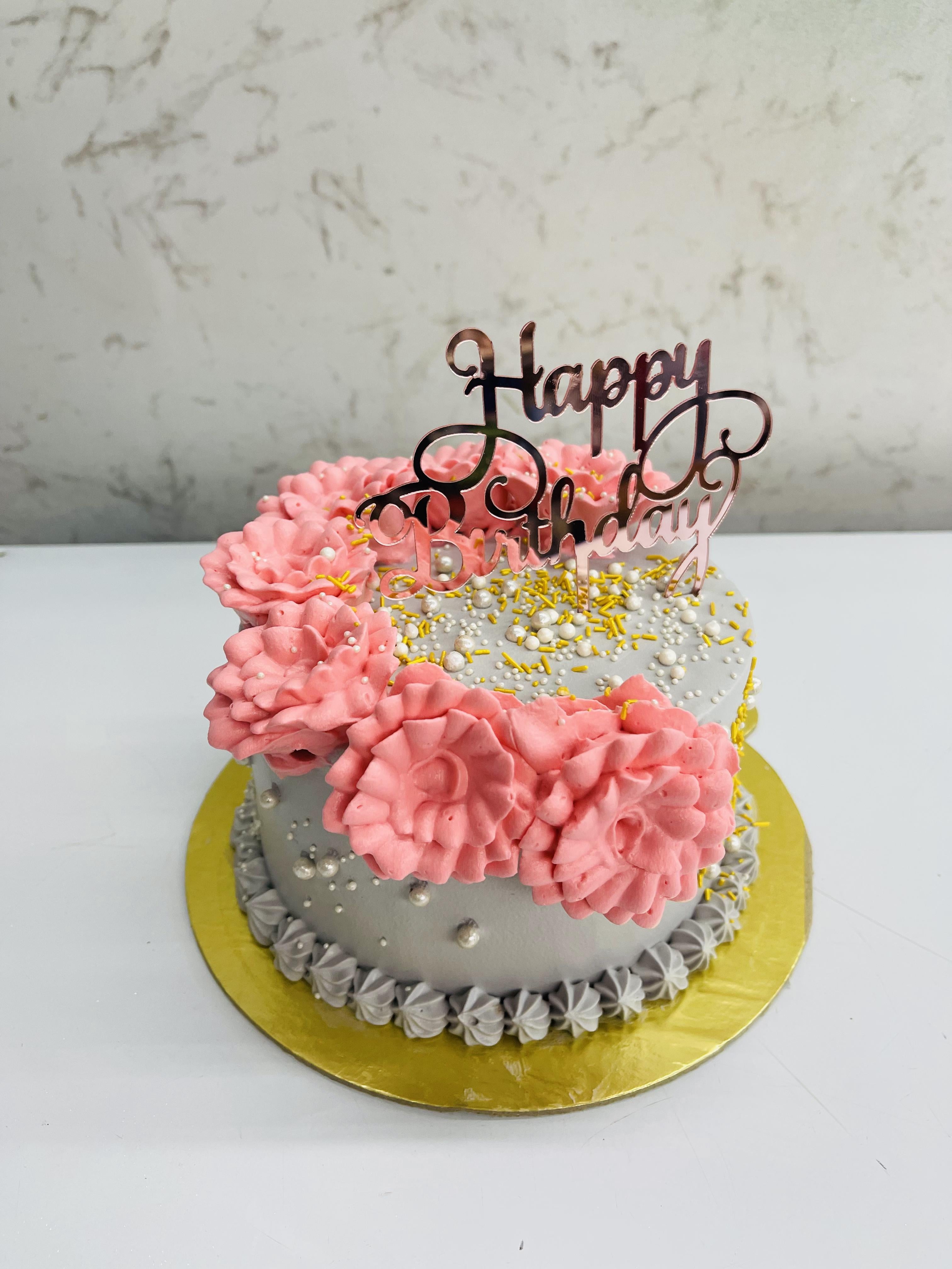 Grey Cake With Pink Flowers