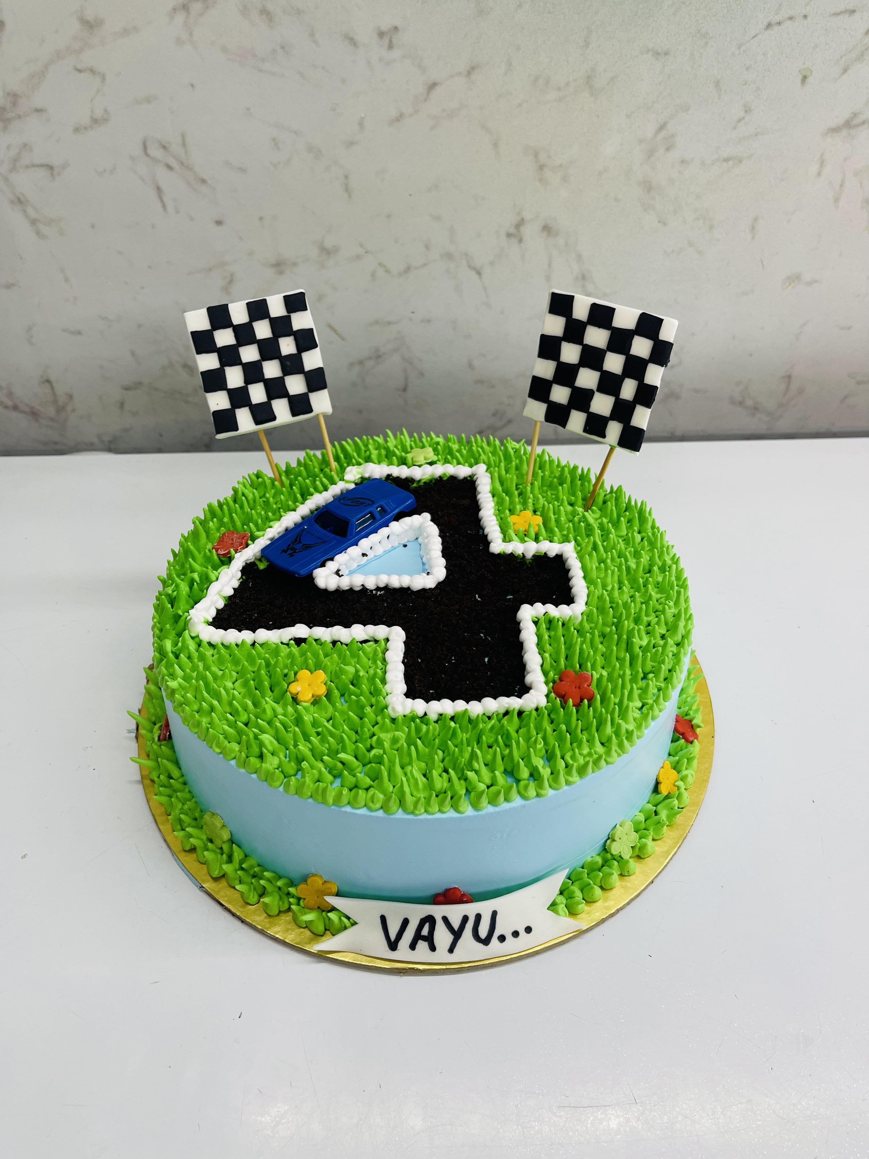 Green Grass Car Track Cake