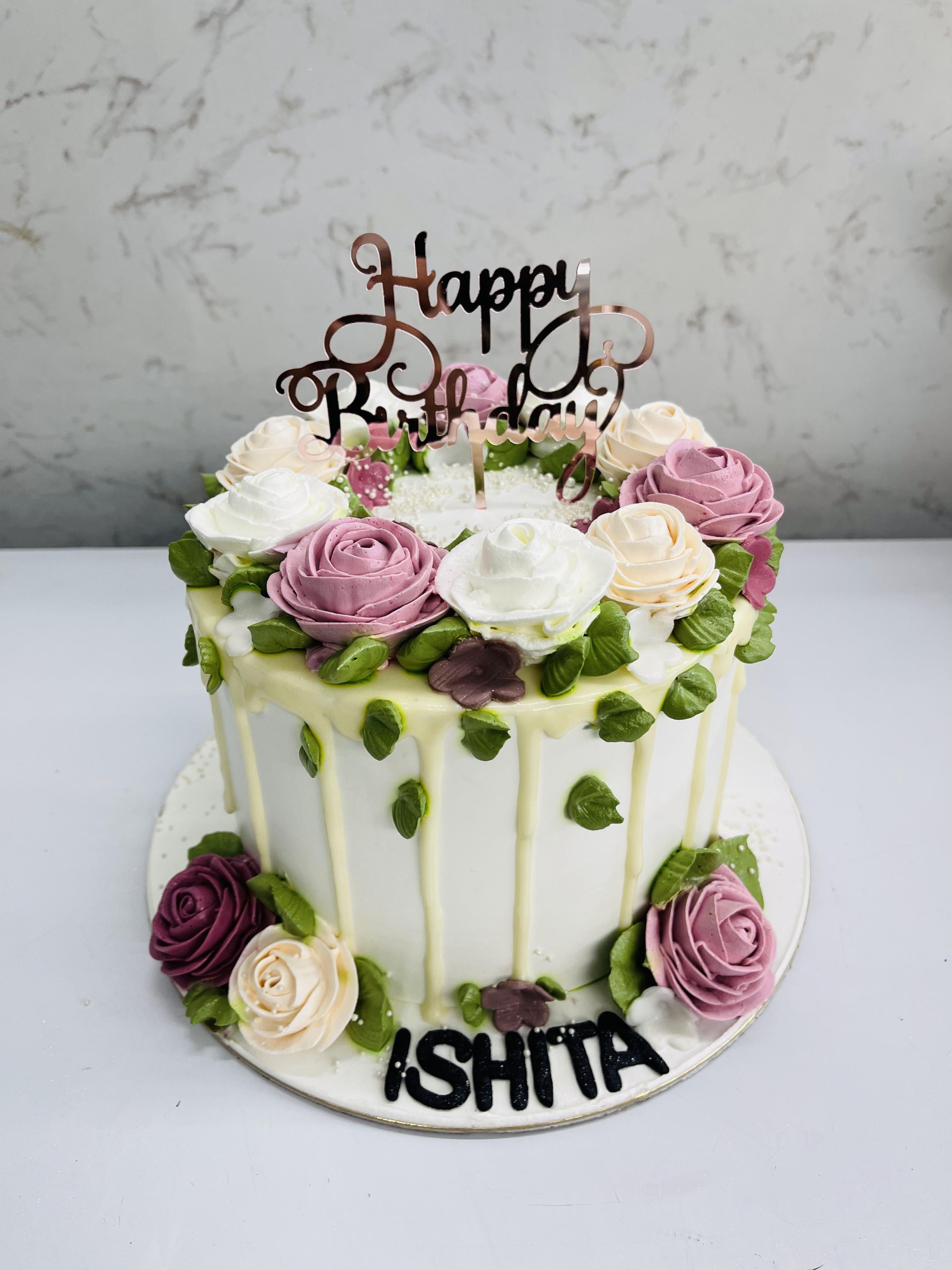 Magenta-White Roses On White Cake