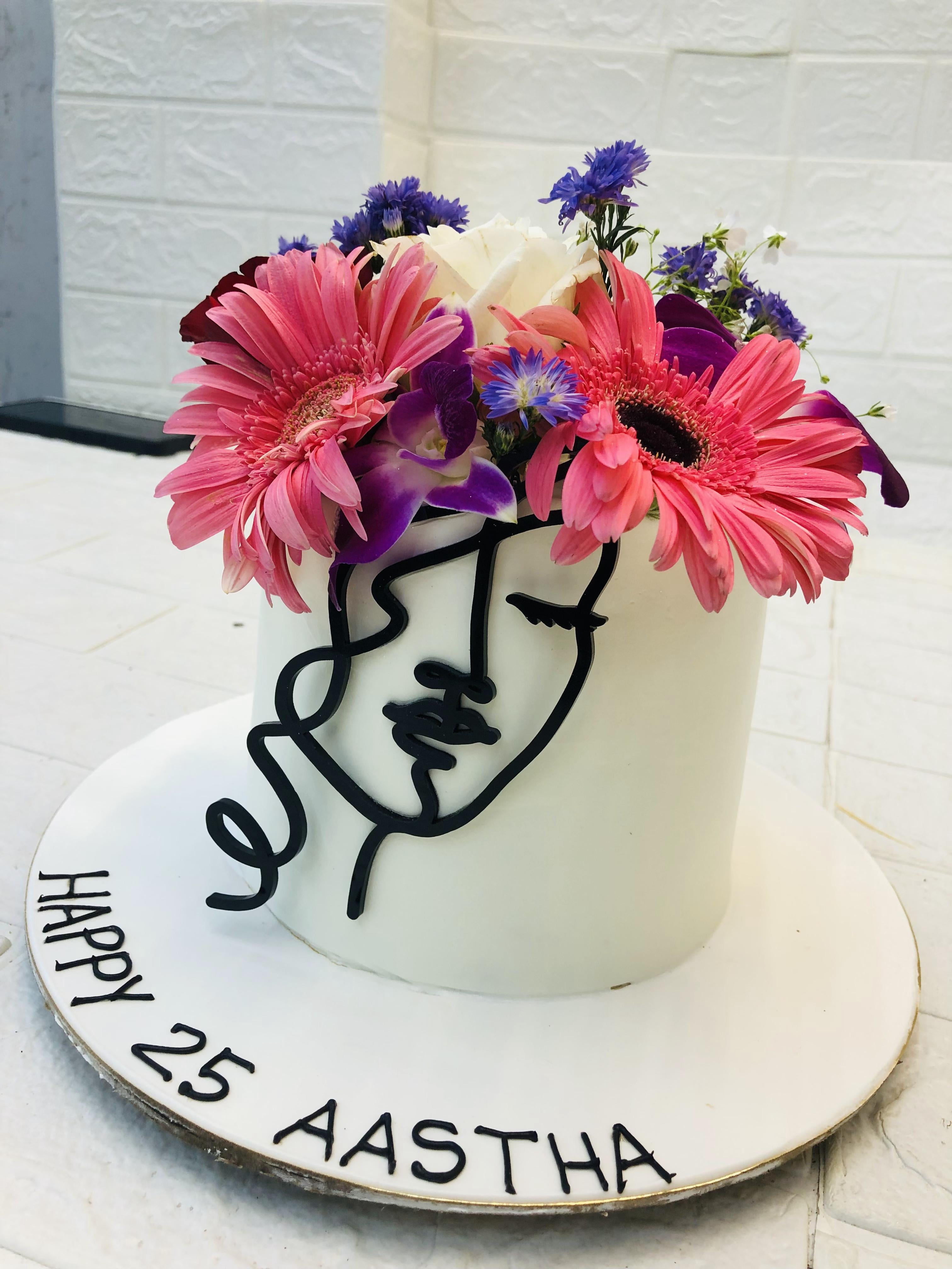 Line Art Flowers Birthday Cake