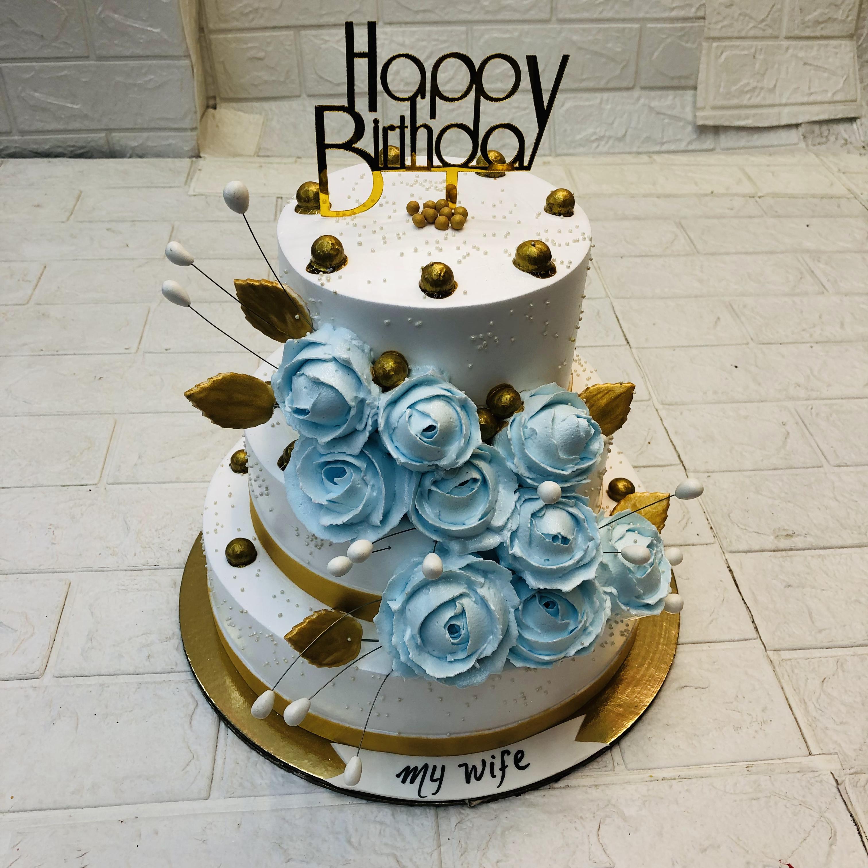White Brown Cake With Blue Florals