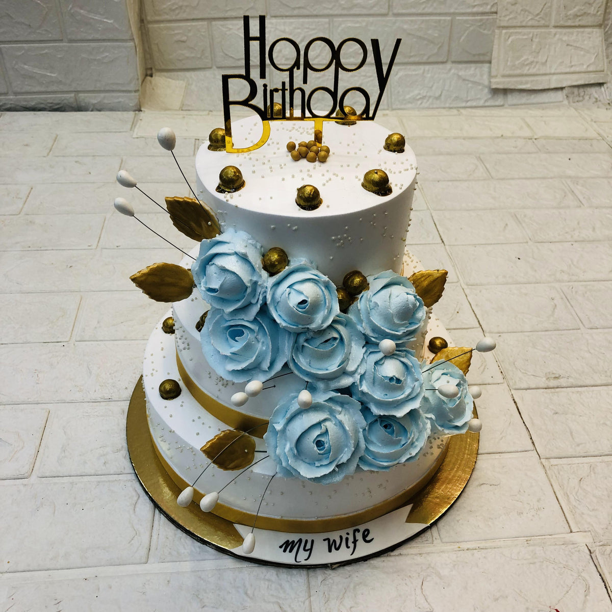 White Brown Cake With Blue Florals