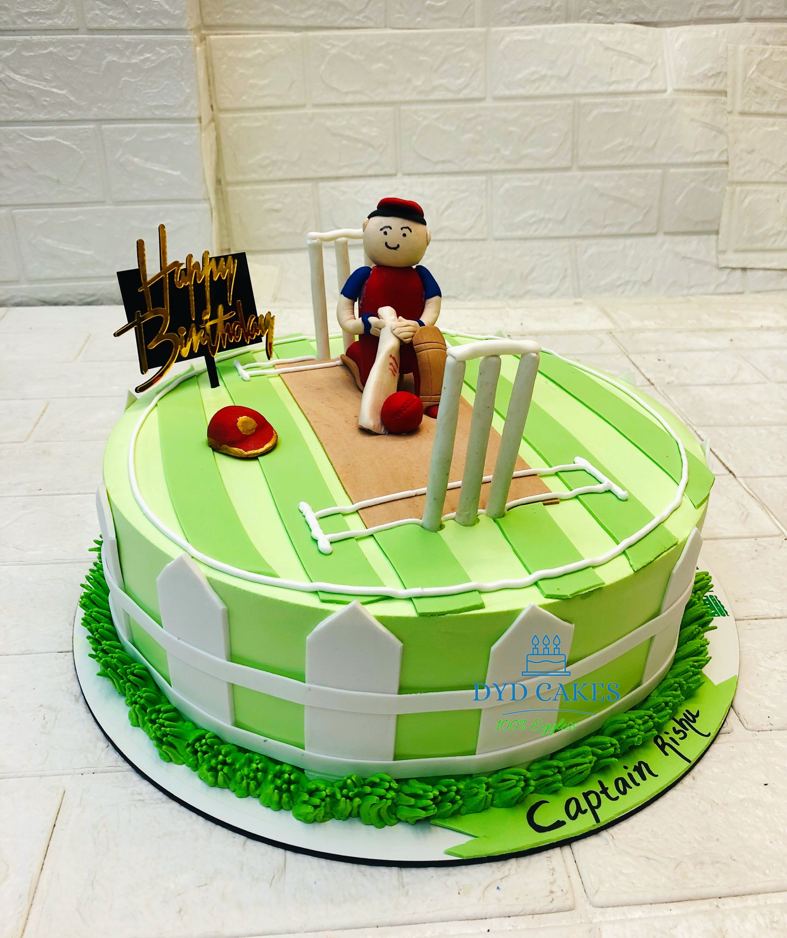 Cream Fondant Cricket Field Cake