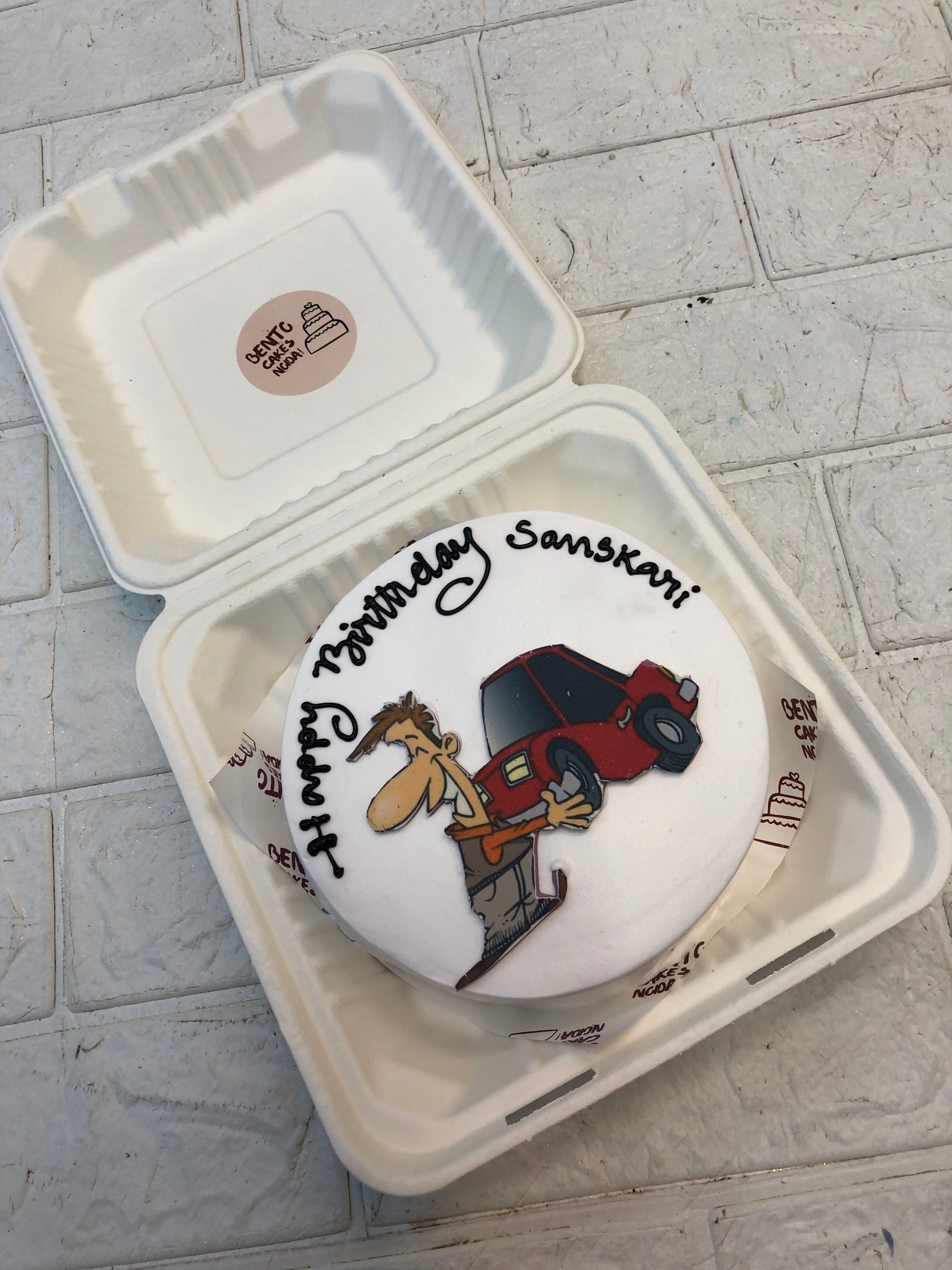 Cartoon-Car Theme white Bento Cake