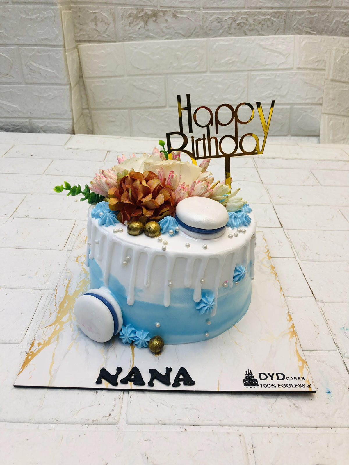 Multi Flowers On Blue White Cake