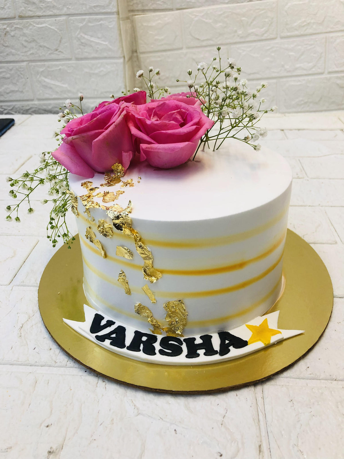 White Cake With Pink Roses