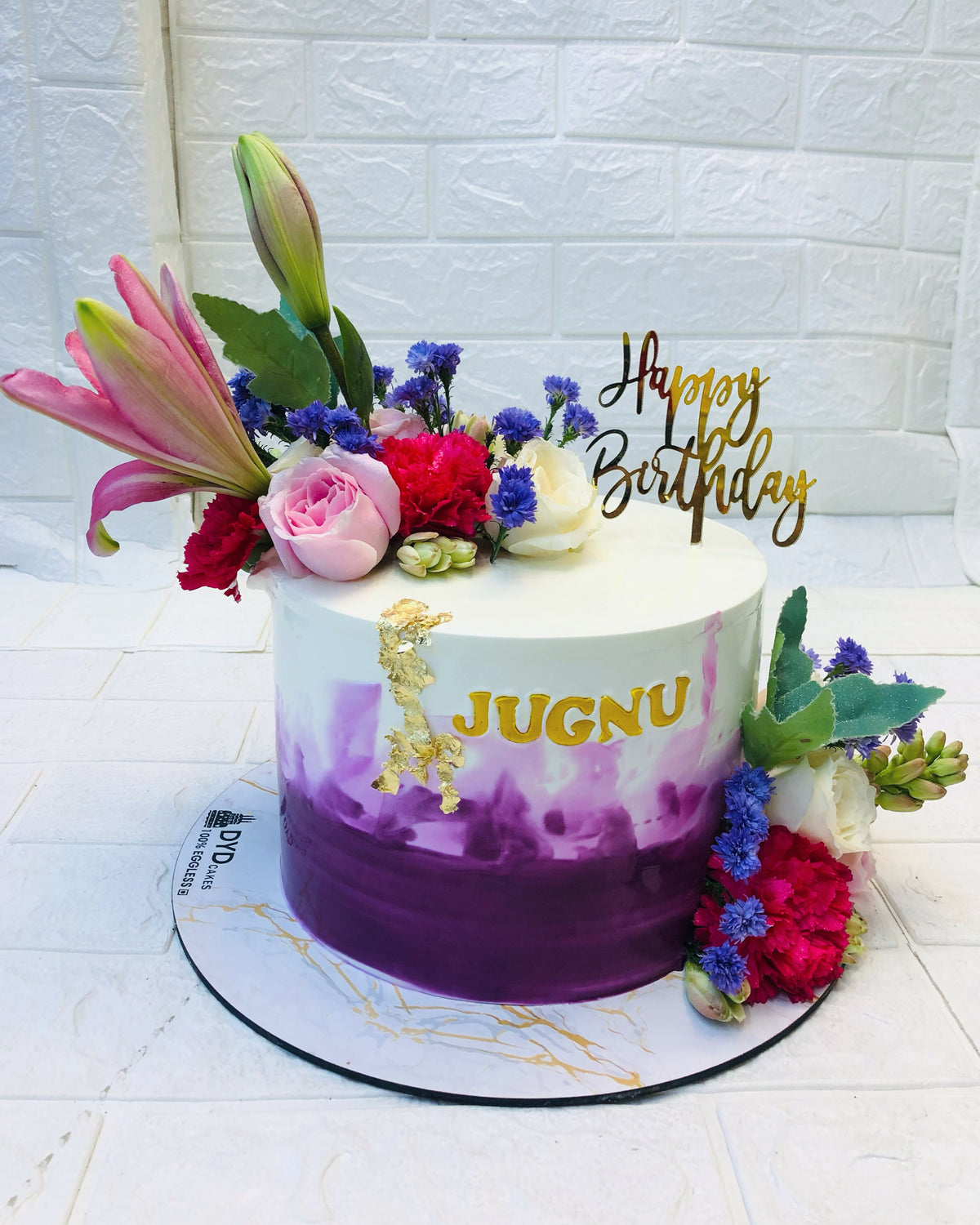 White Purple Cake With Colorful Flowers