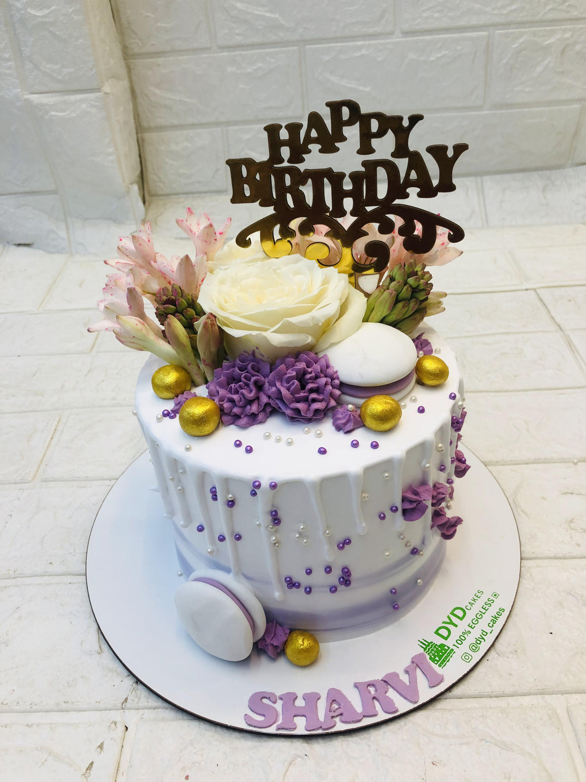 White Blue Cake With Colorful Flowers