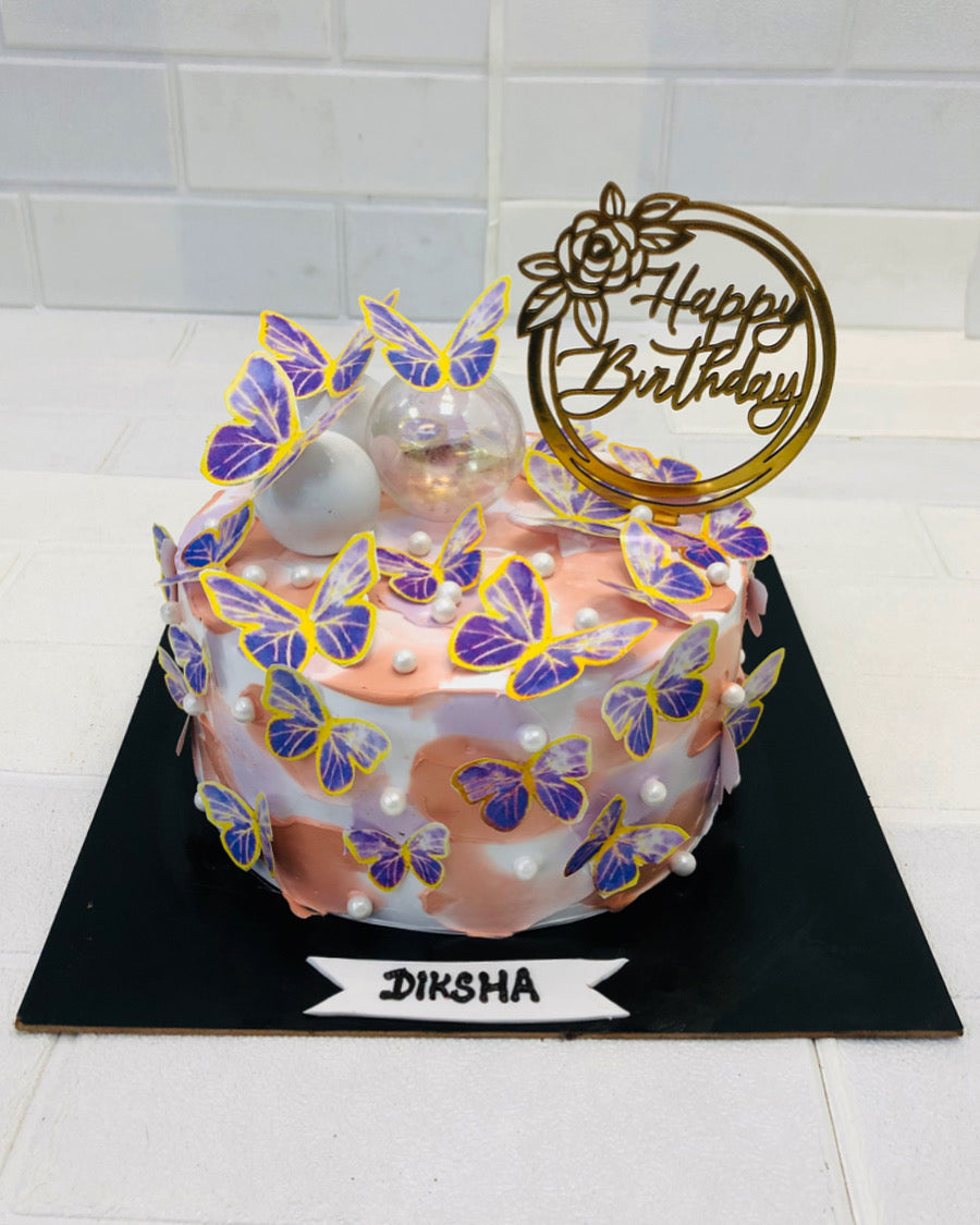 Brown White Aesthetic Cake with Butterflies