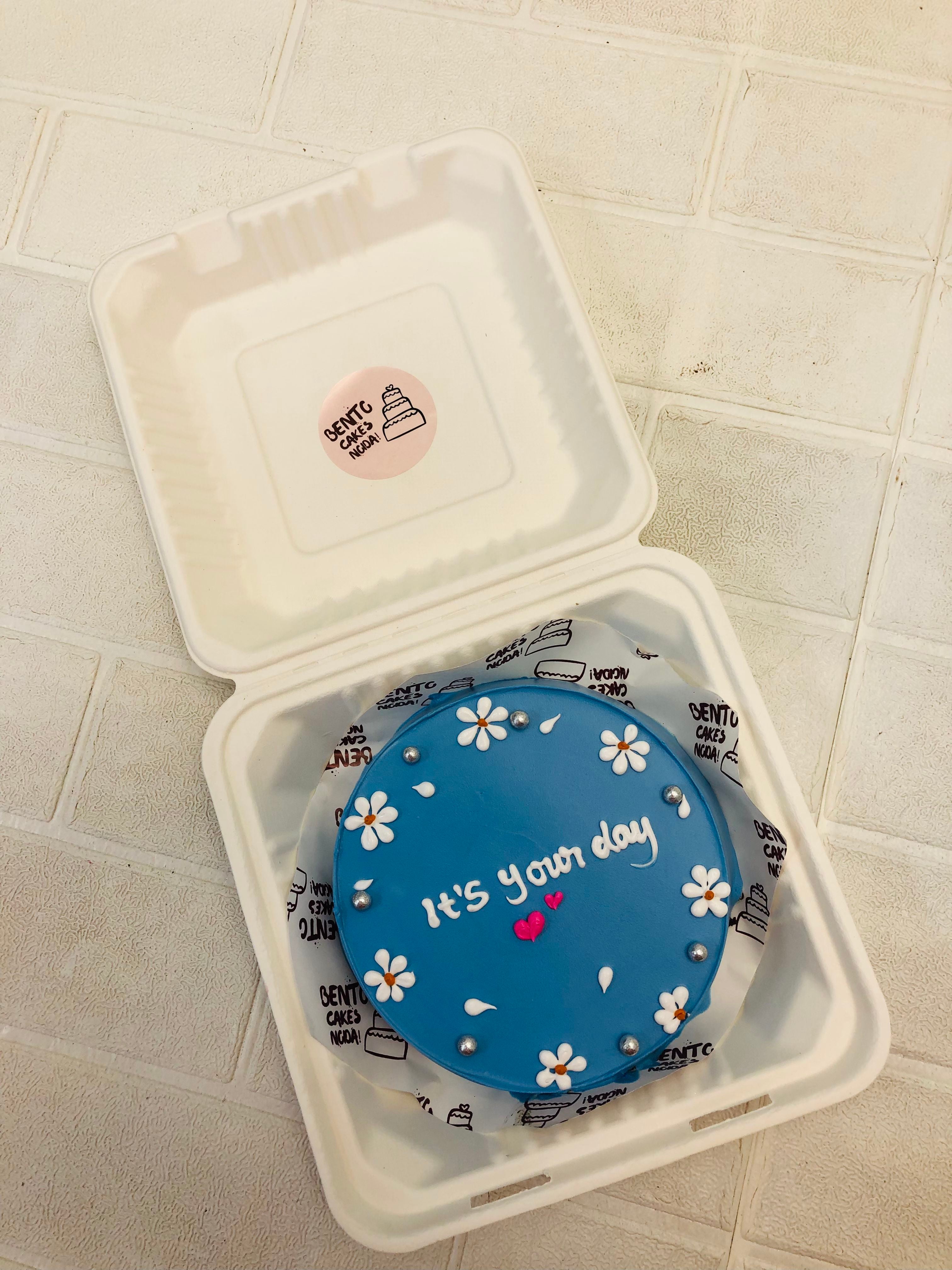 White Floral Theme Blue Bento Cake