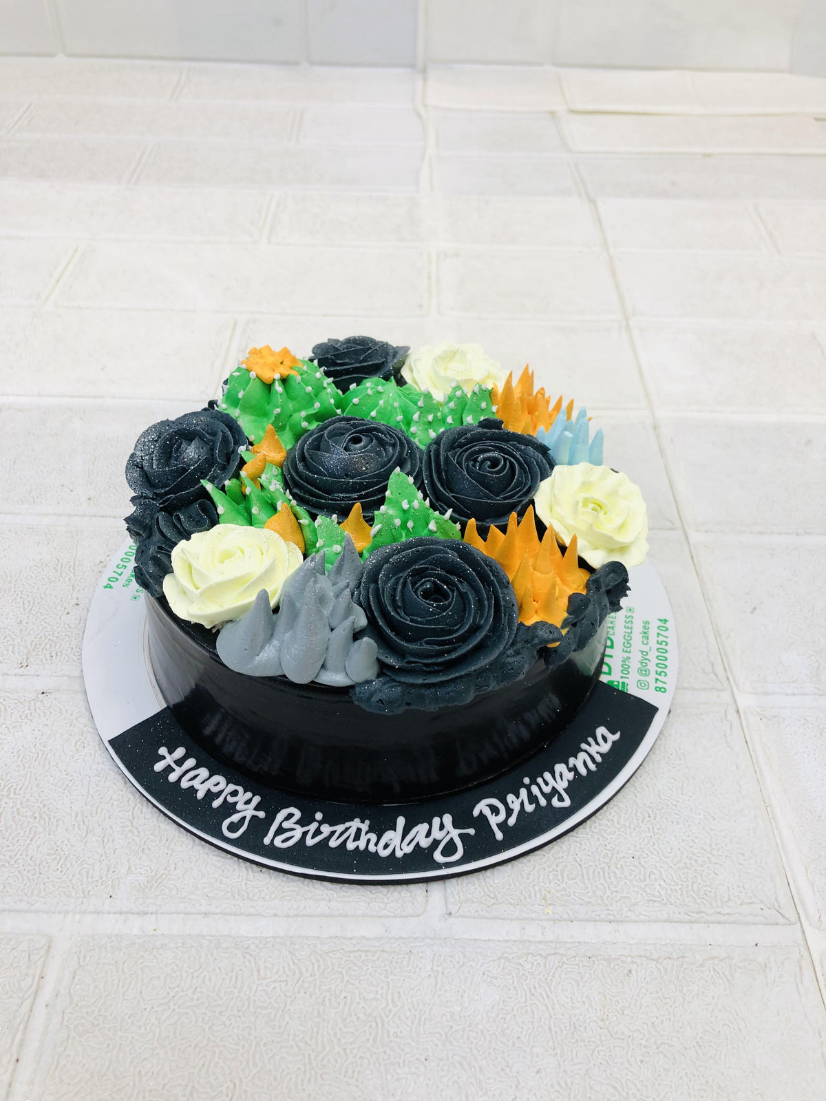 Black White Flowers on Black Cake