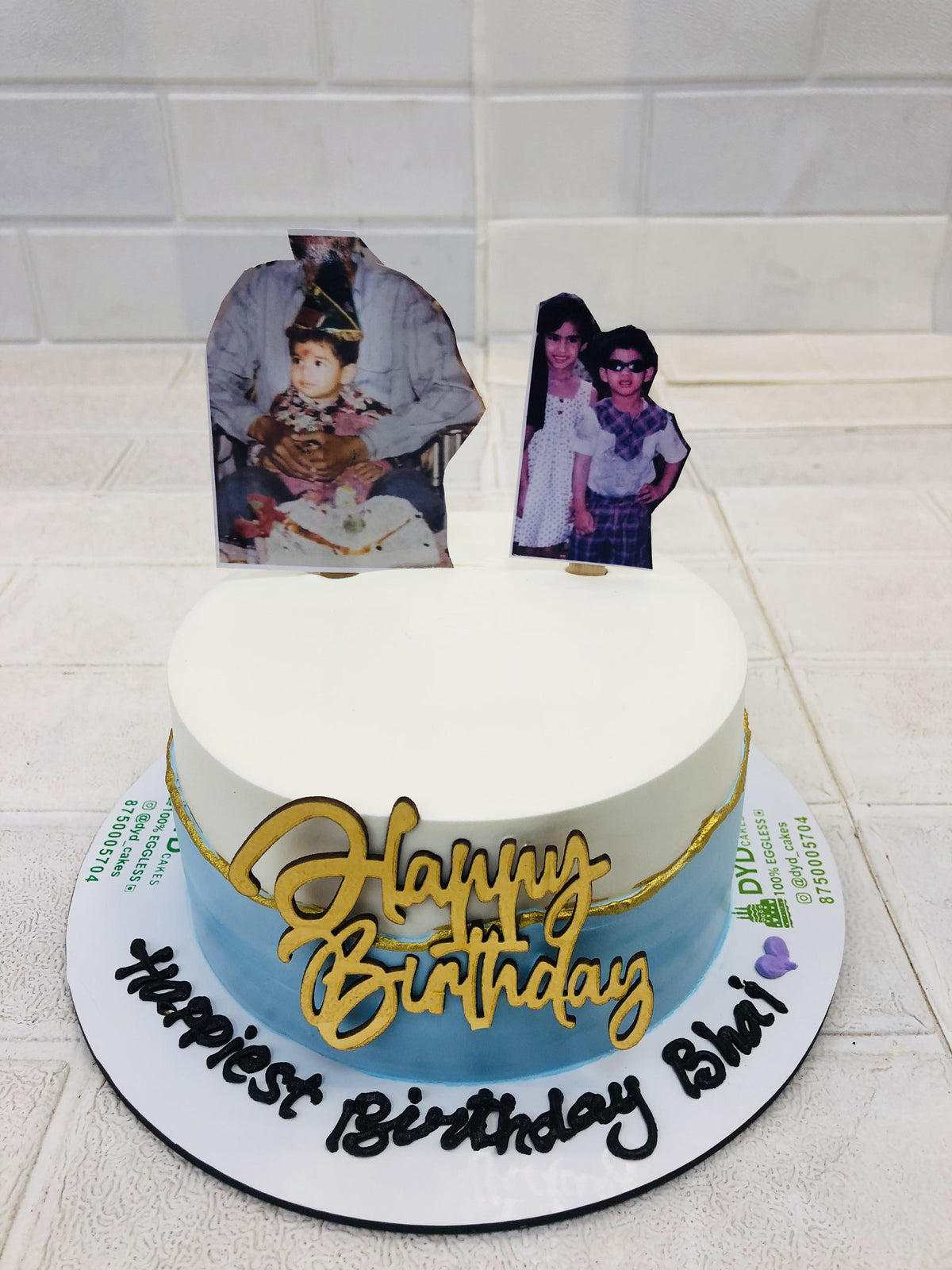 White Blue Photo Cake for Birthday