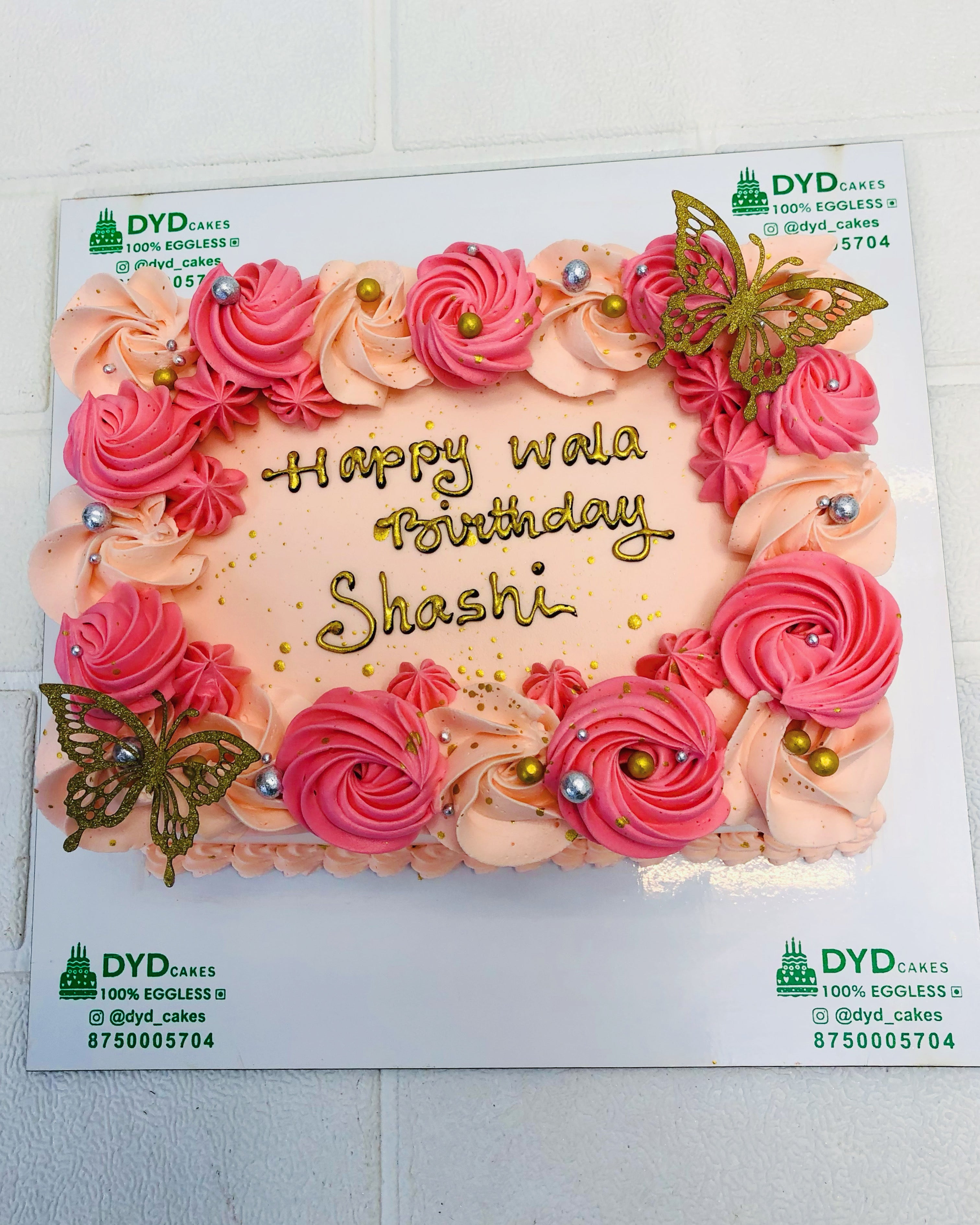 Peach Color Cake with Golden Butterflies