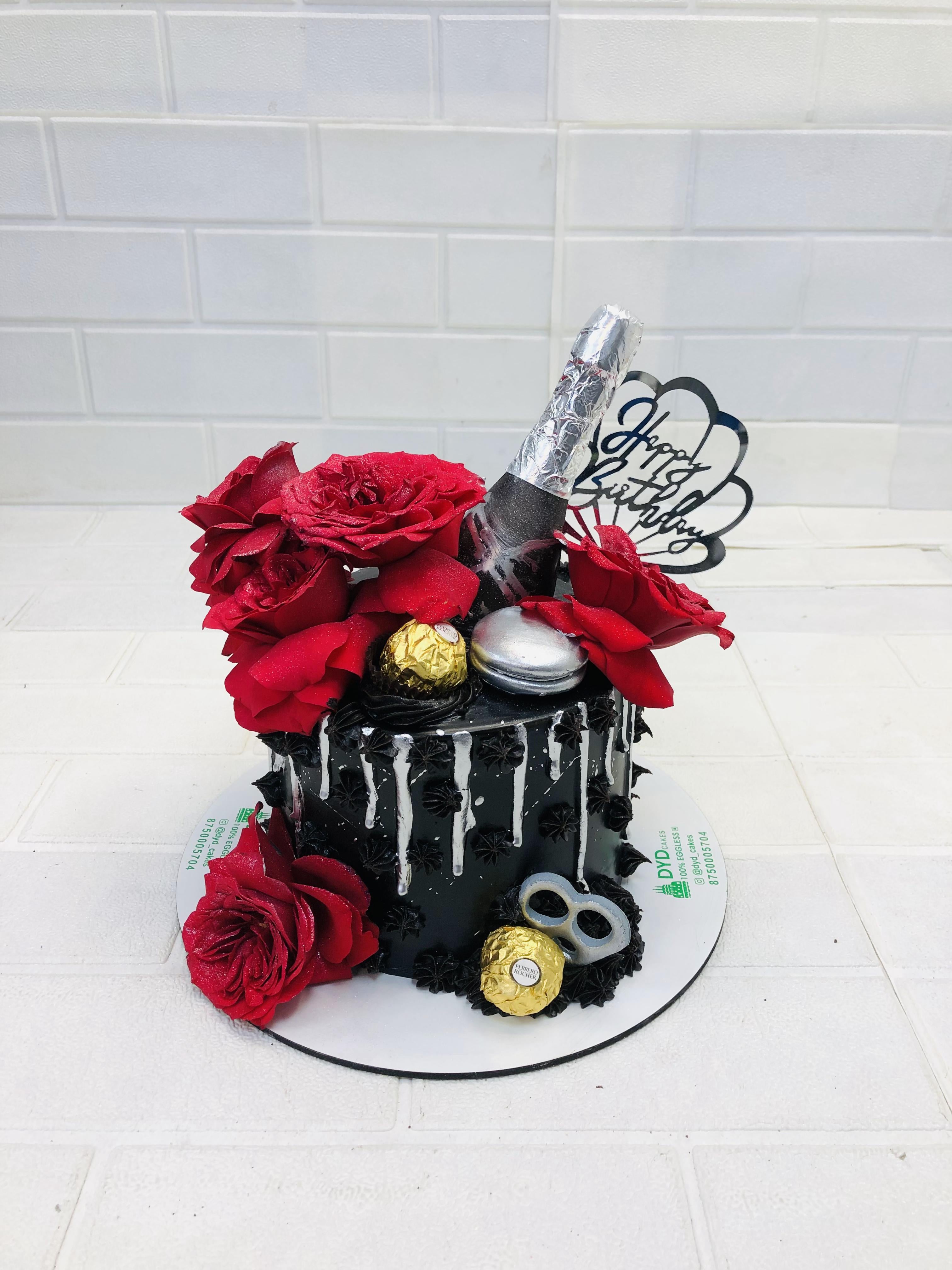 Dark Black Cake With Roses and Bear