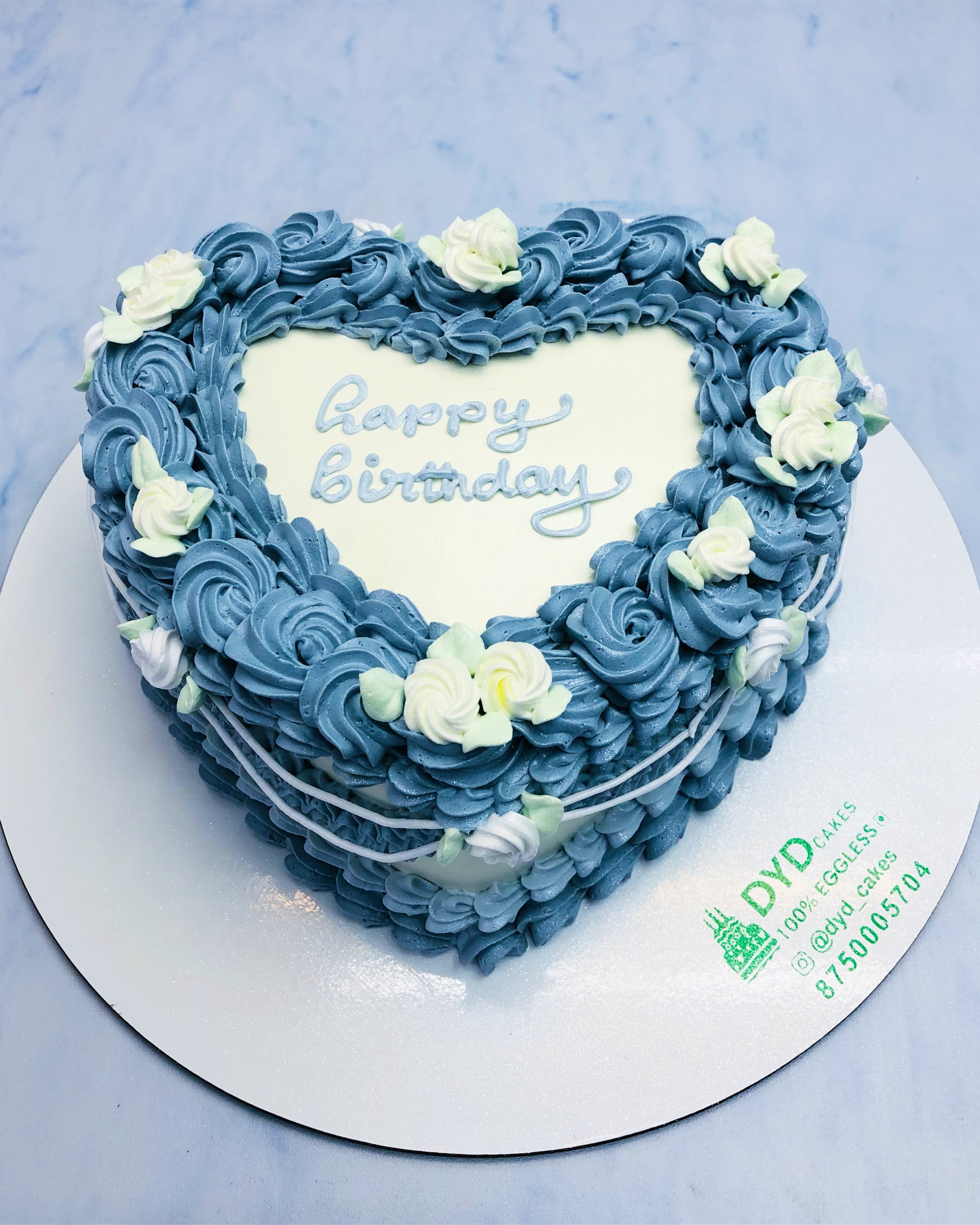 Blue White Heart Shape Birthday Cake