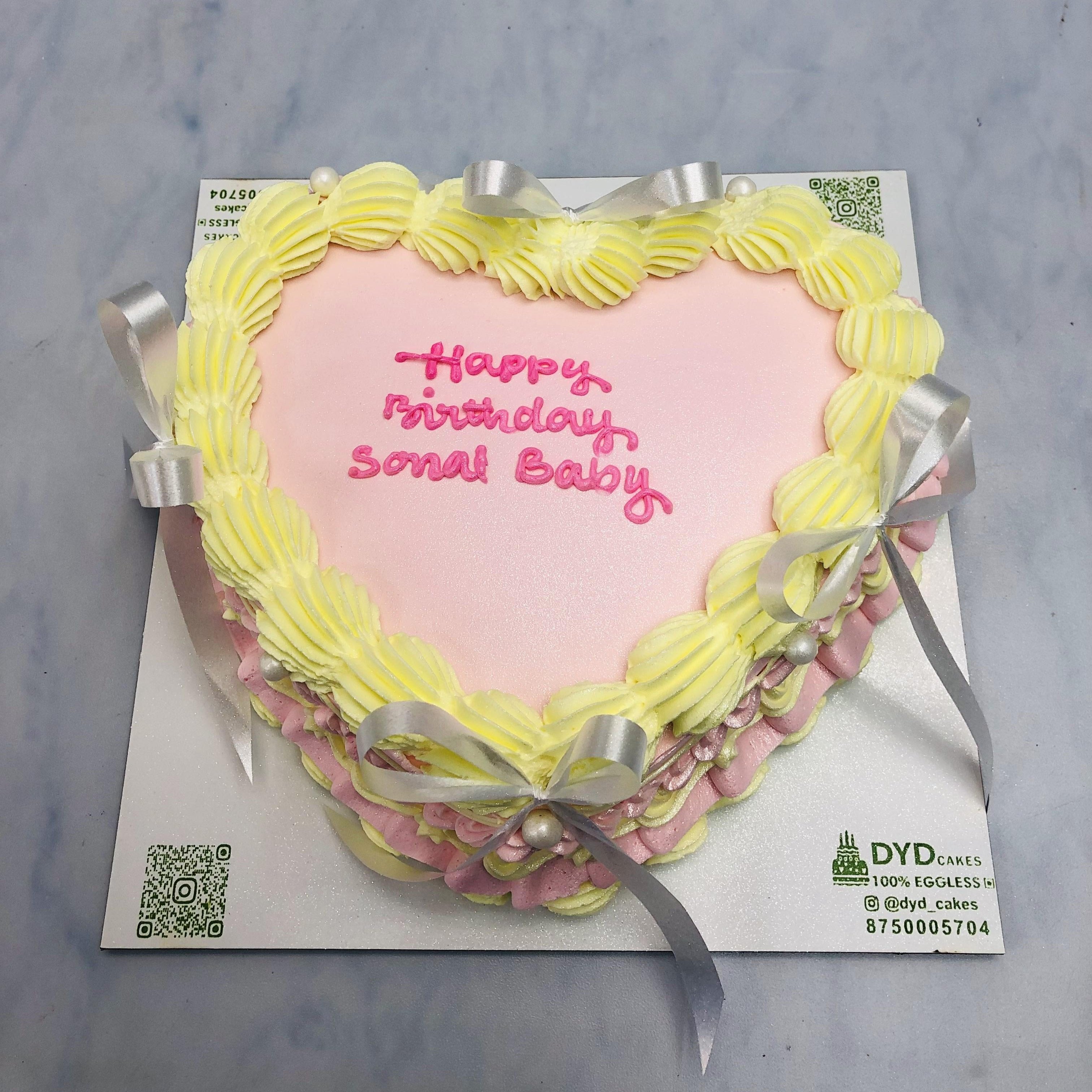 Pink Yellow Girls Birthday Heart Cake