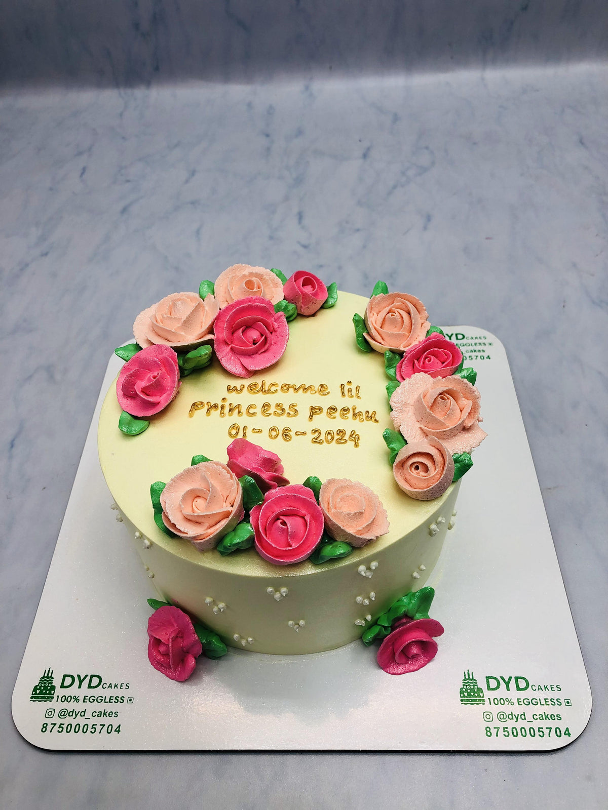 Pink-Peach Flowers on Yellow Cake