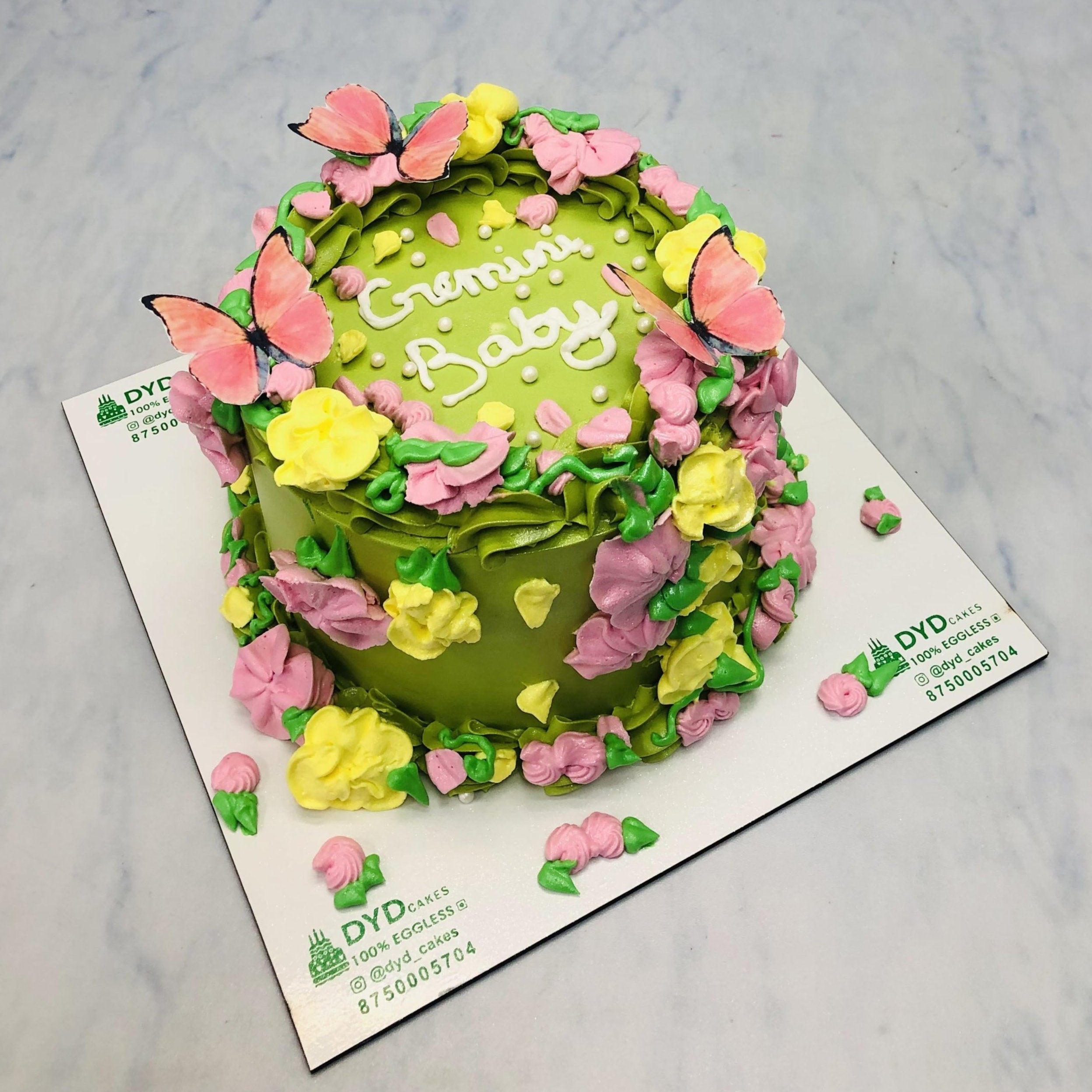 Beautiful Butterflies On Green Cake