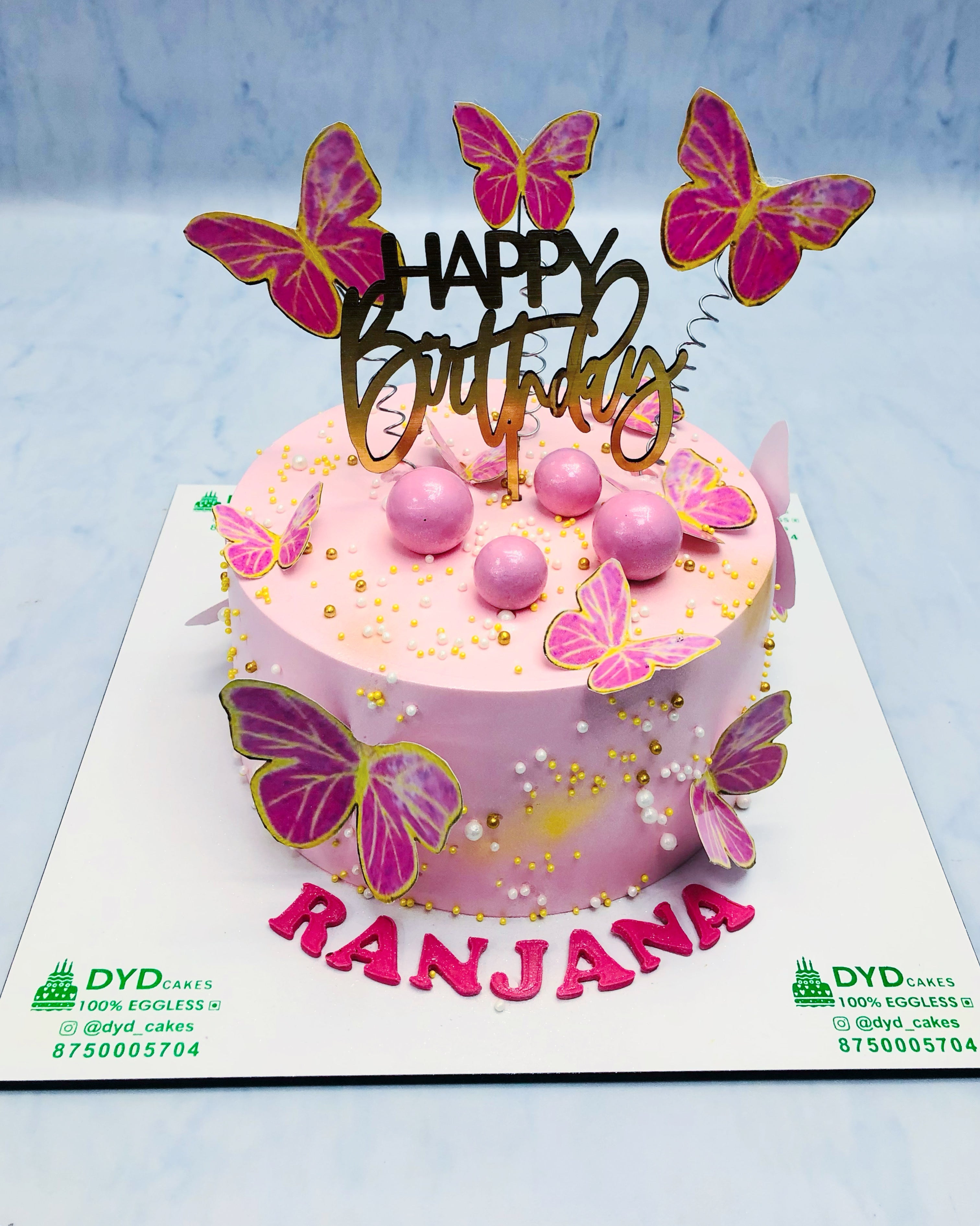 Pink Golden Theme Butterflies Cake