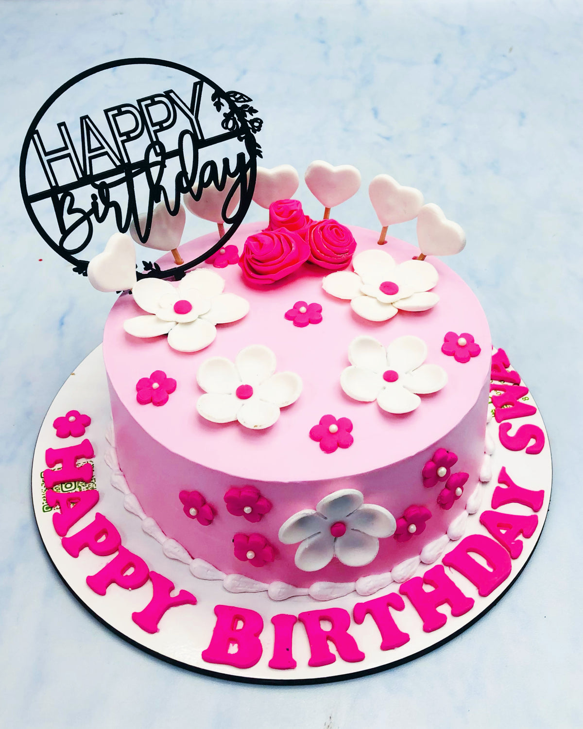 Beautiful Pink White Evergreen Floral Cake
