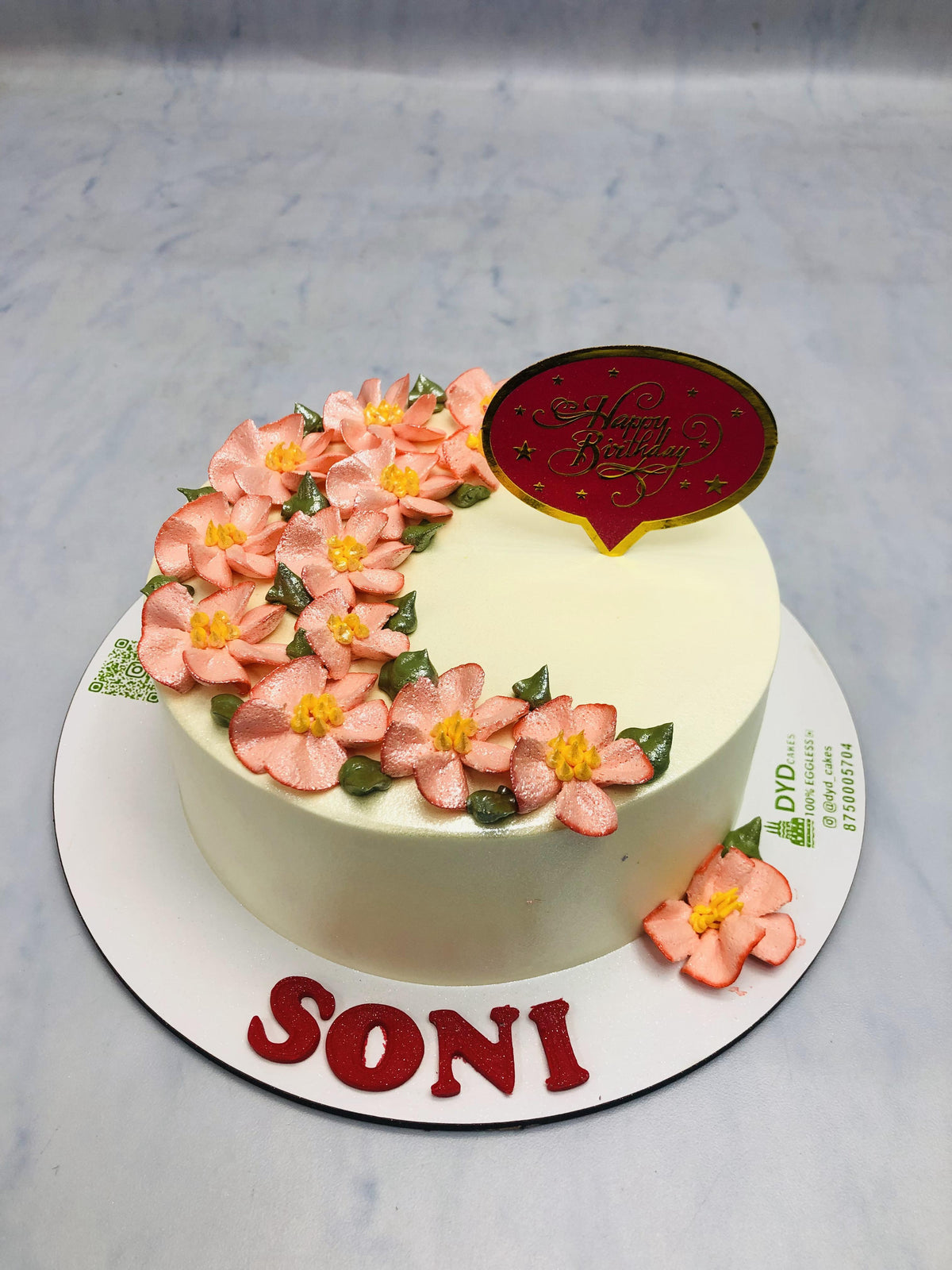 Peach Color Flowers on White Cake