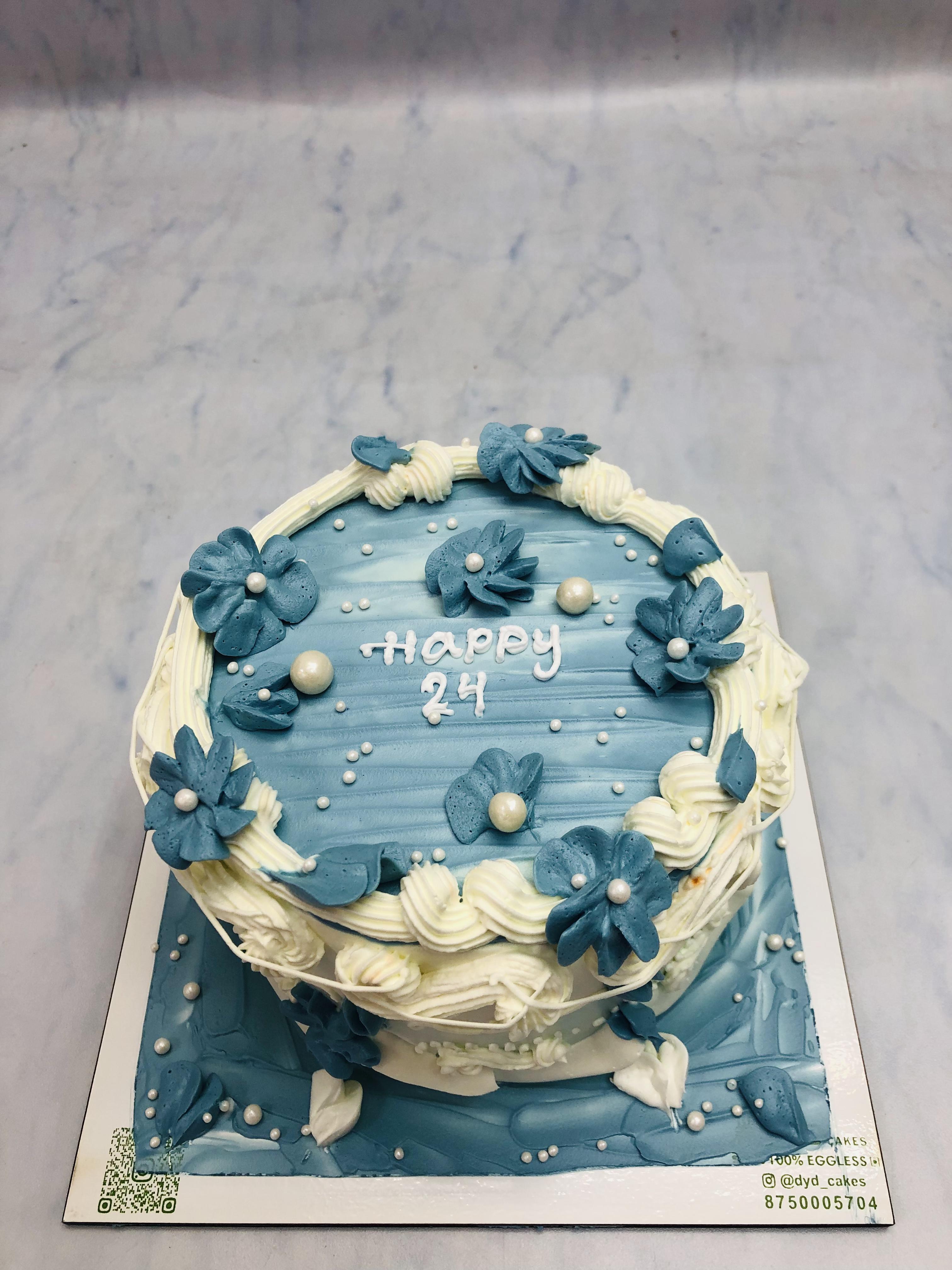 White Blue Combination Floral Cake