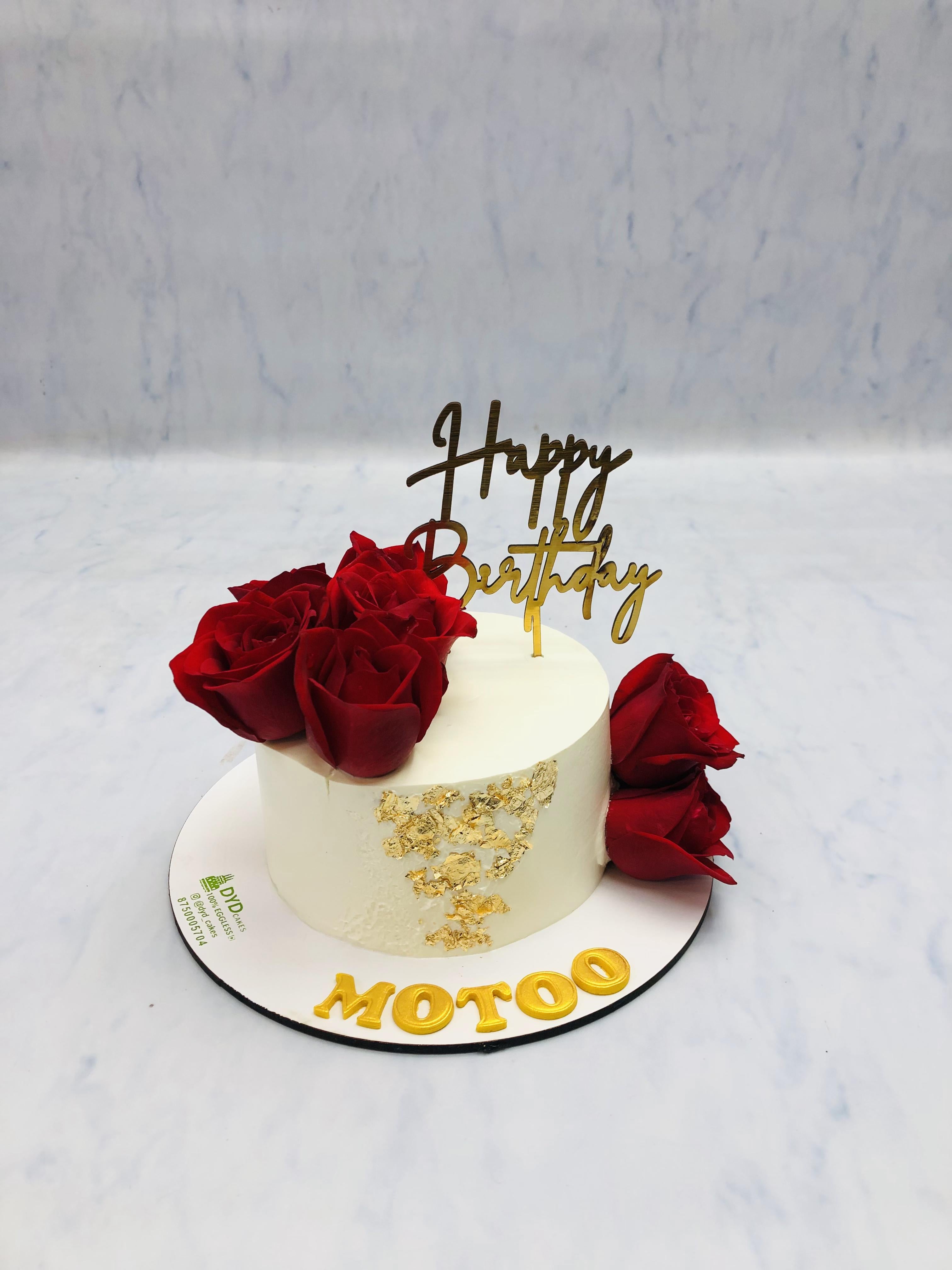 Fresh Red Roses on White Cake