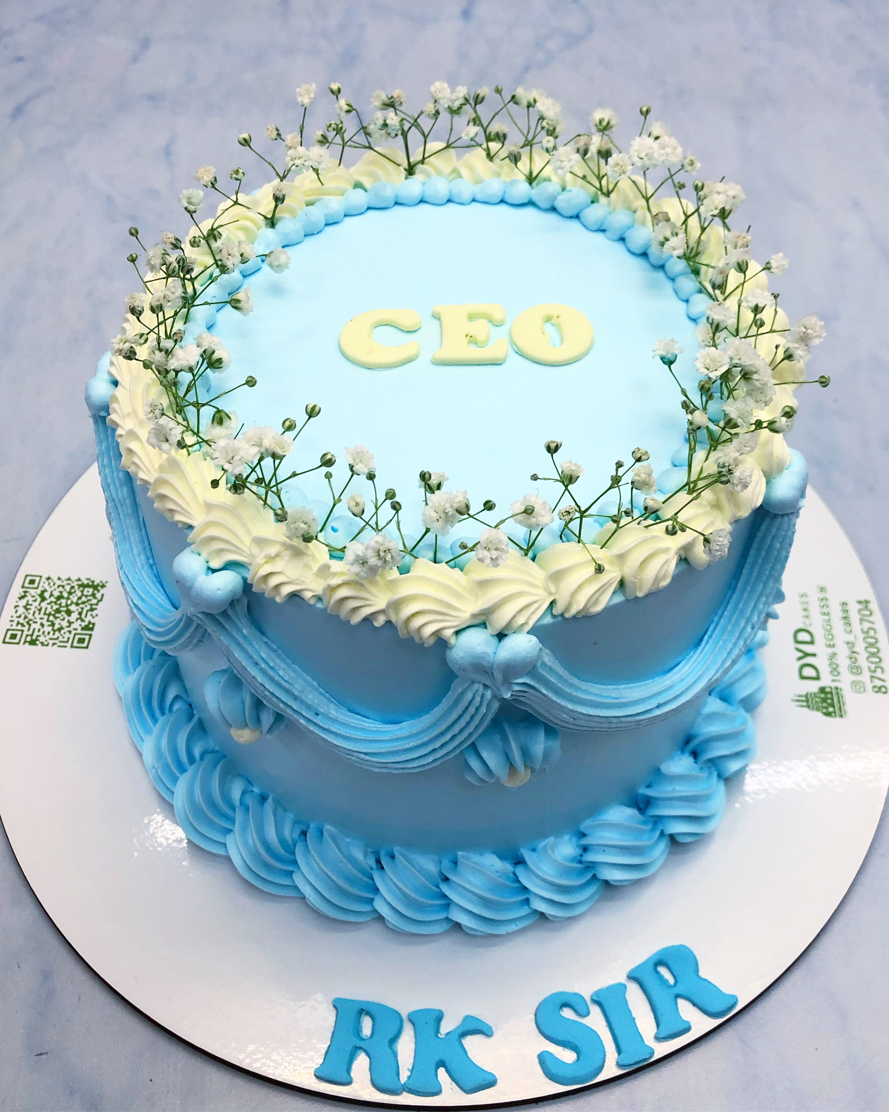 Sky Blue Cake with White Florals