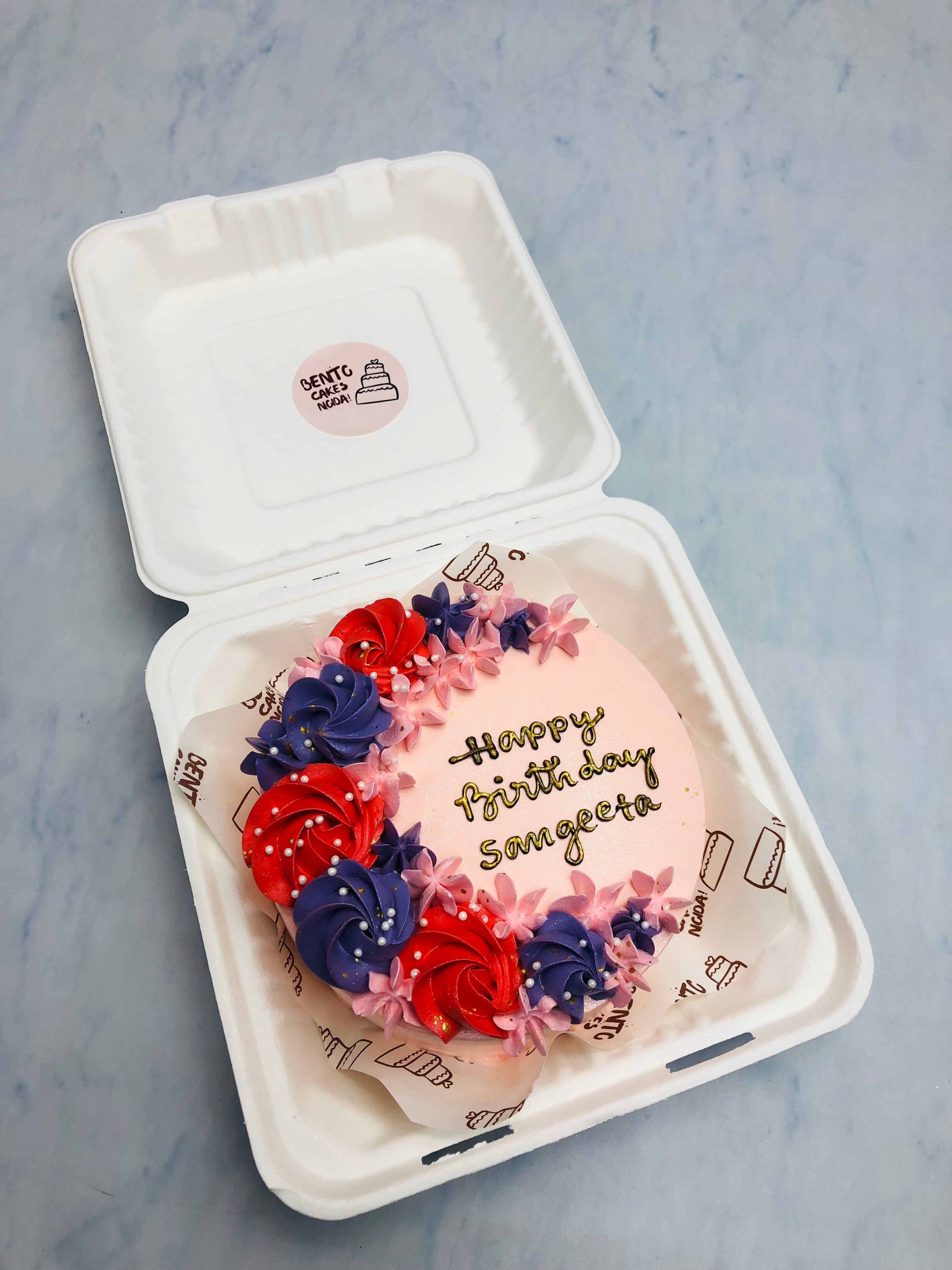 Red-Blue Florals Theme Bento Cake