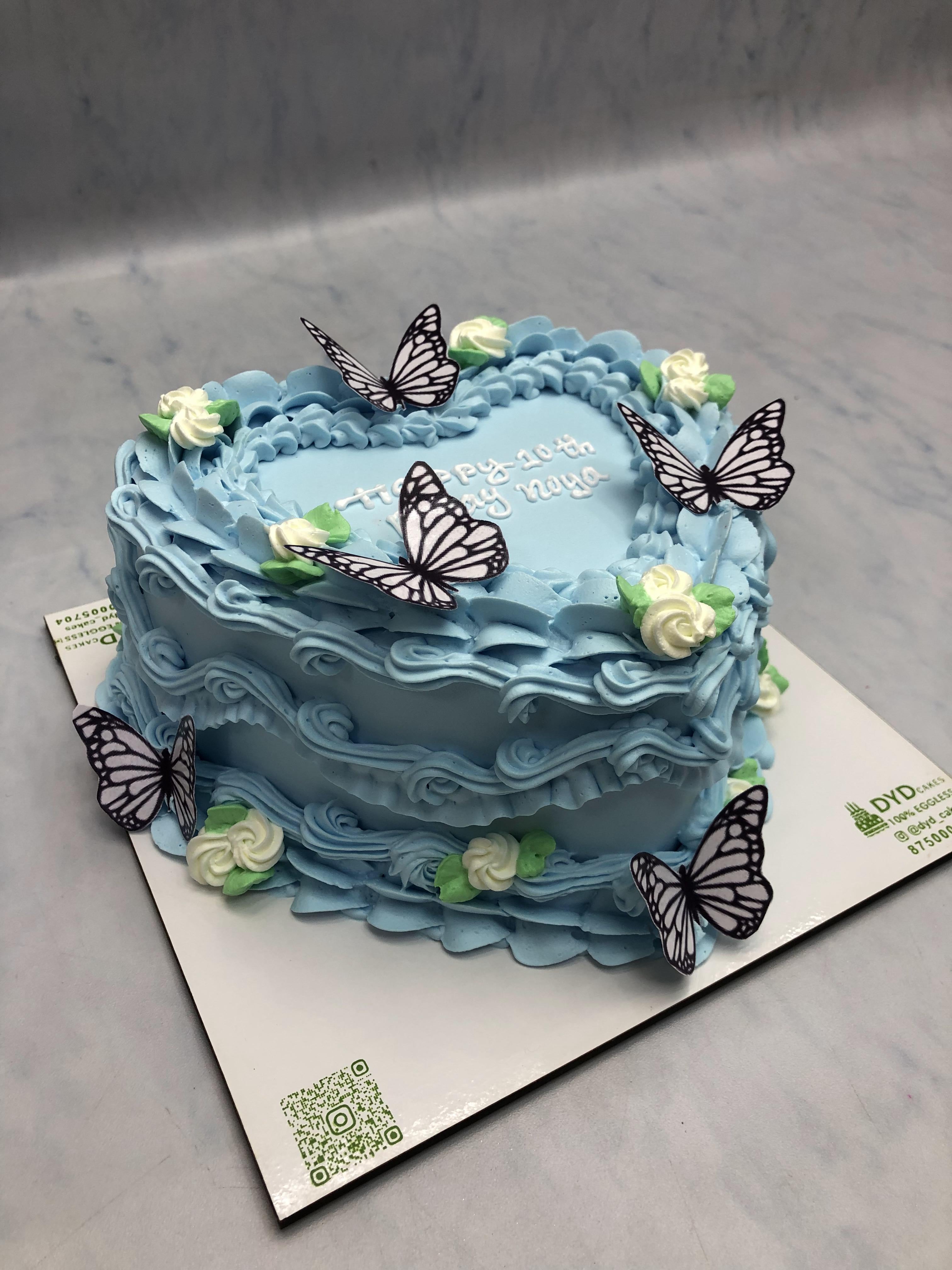 Blue Designer Heart Shape Cake with Butterflies
