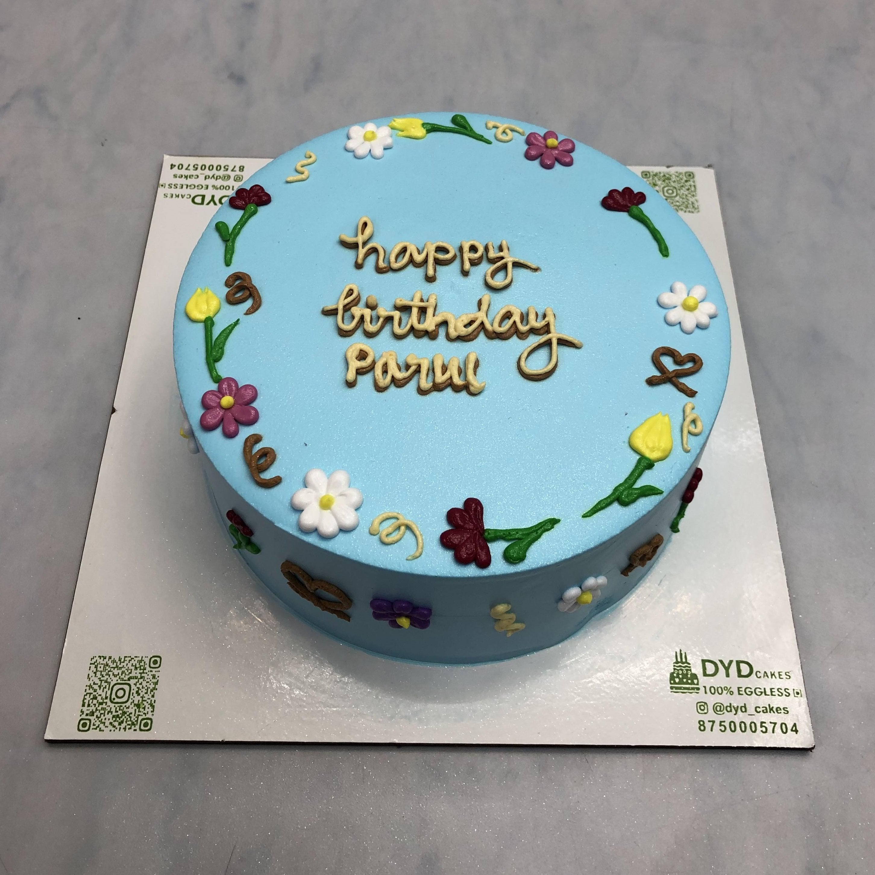 Beautiful Florals Sky Blue Birthday Cake