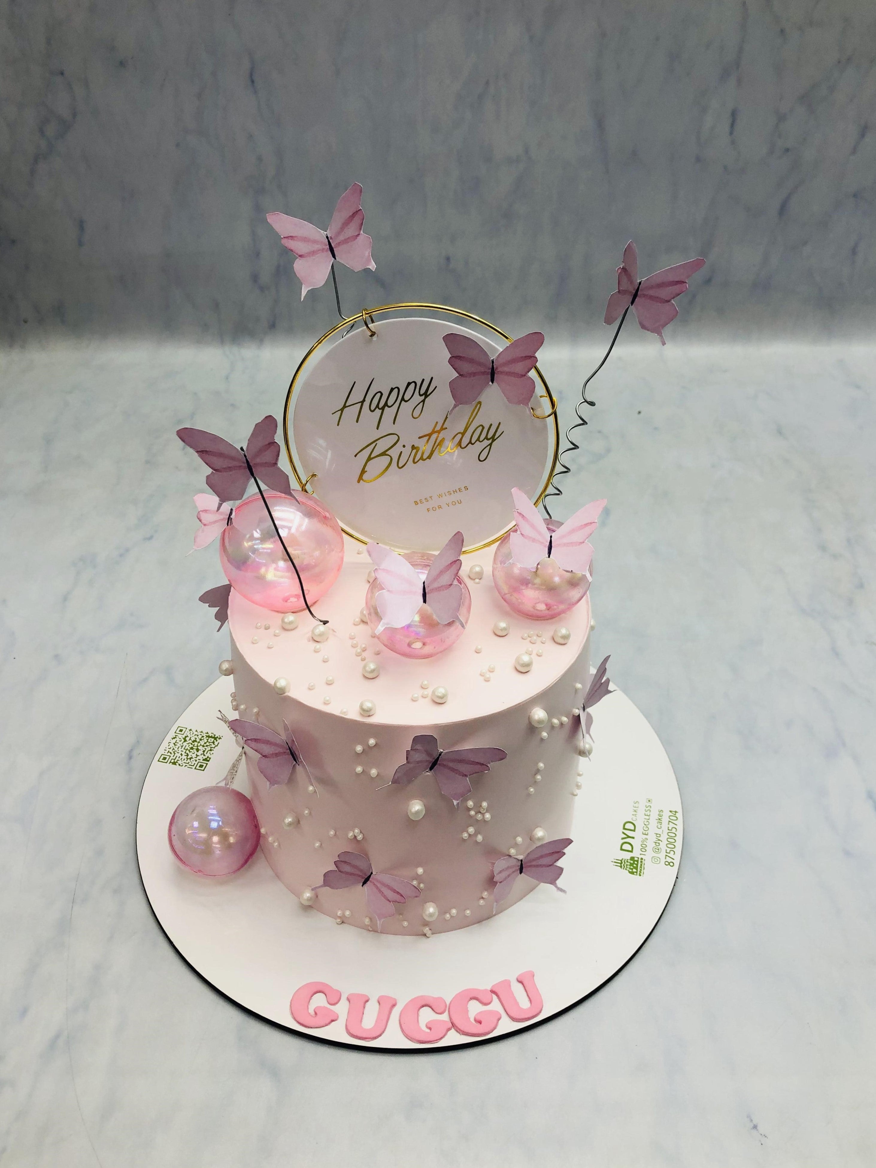 Light Pink Cake With Butterflies And Balloons