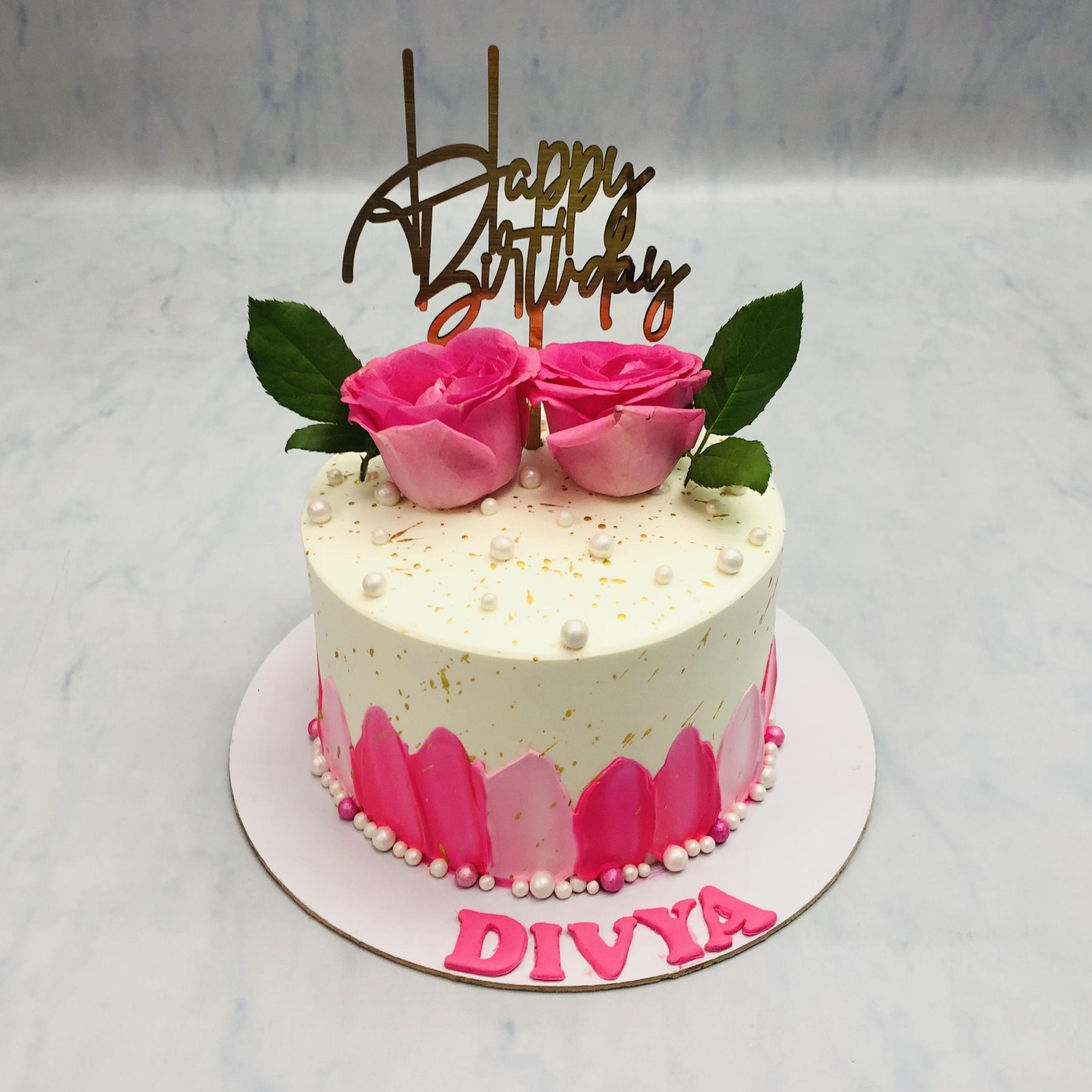 Pink Roses White Birthday Cake