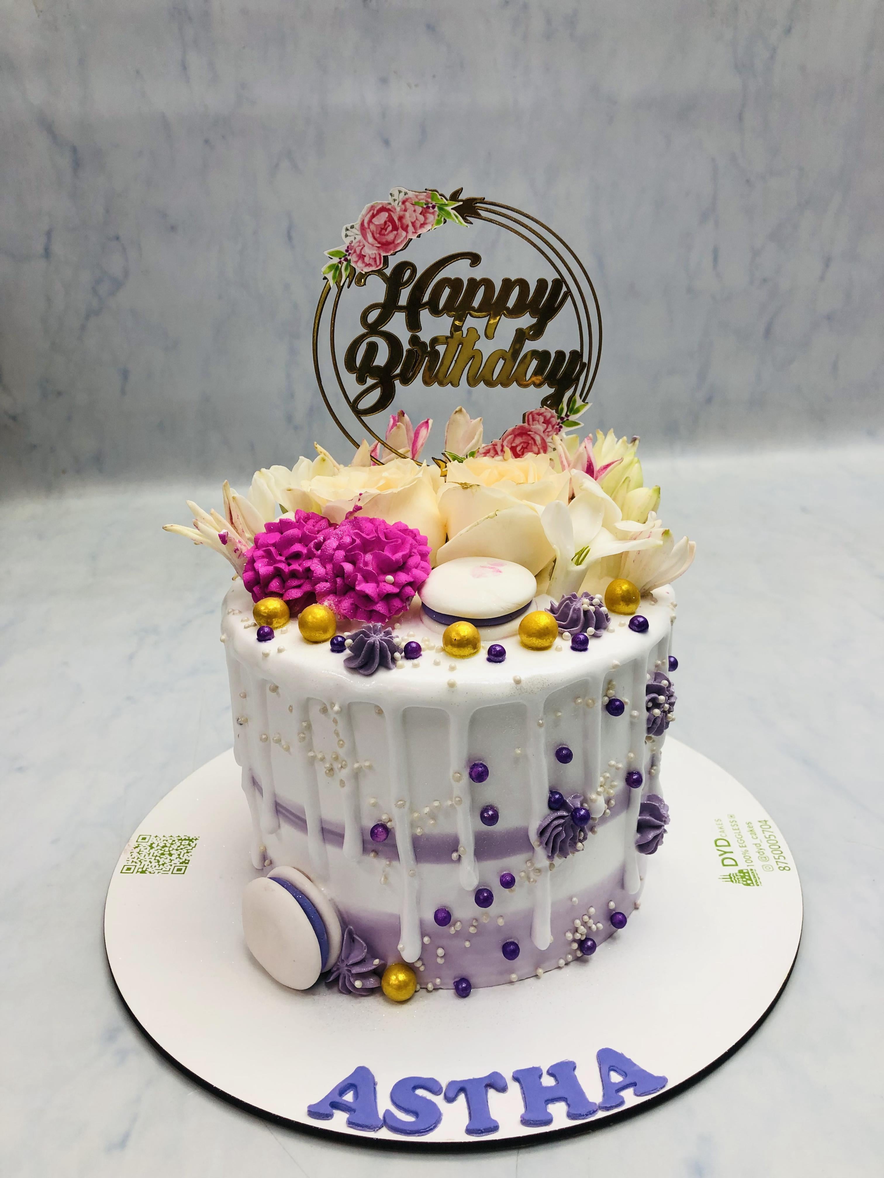 Beautiful Floral White Purple Birthday Cake