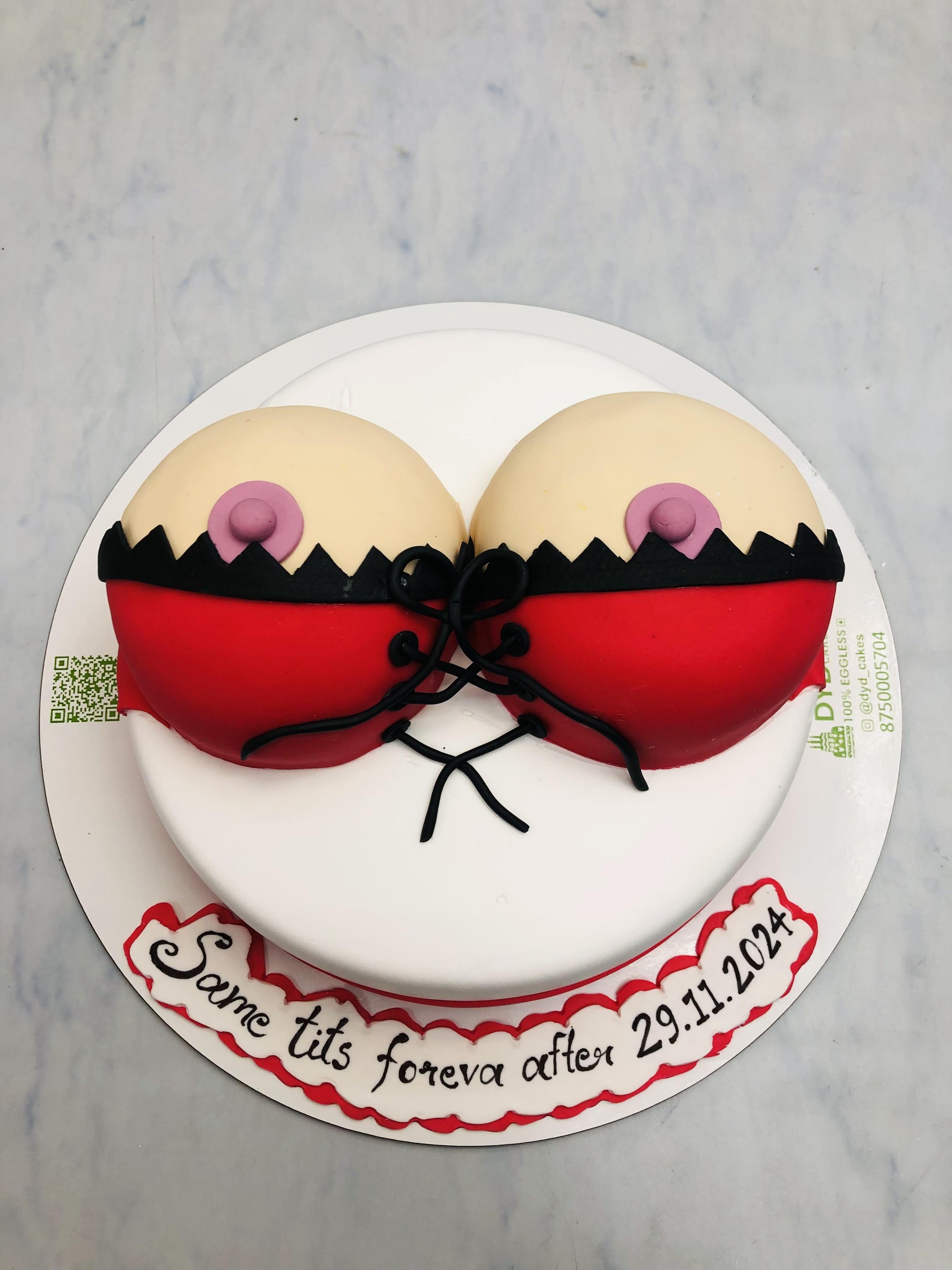 Red Bra Boobs White Cake