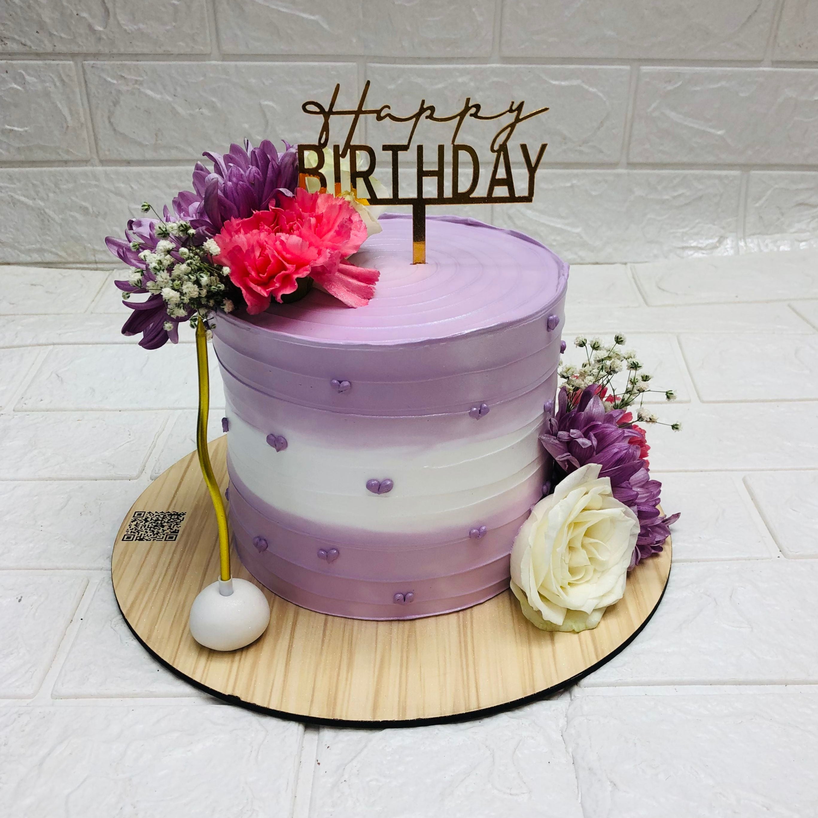 White-Purple Floral Birthday Cake