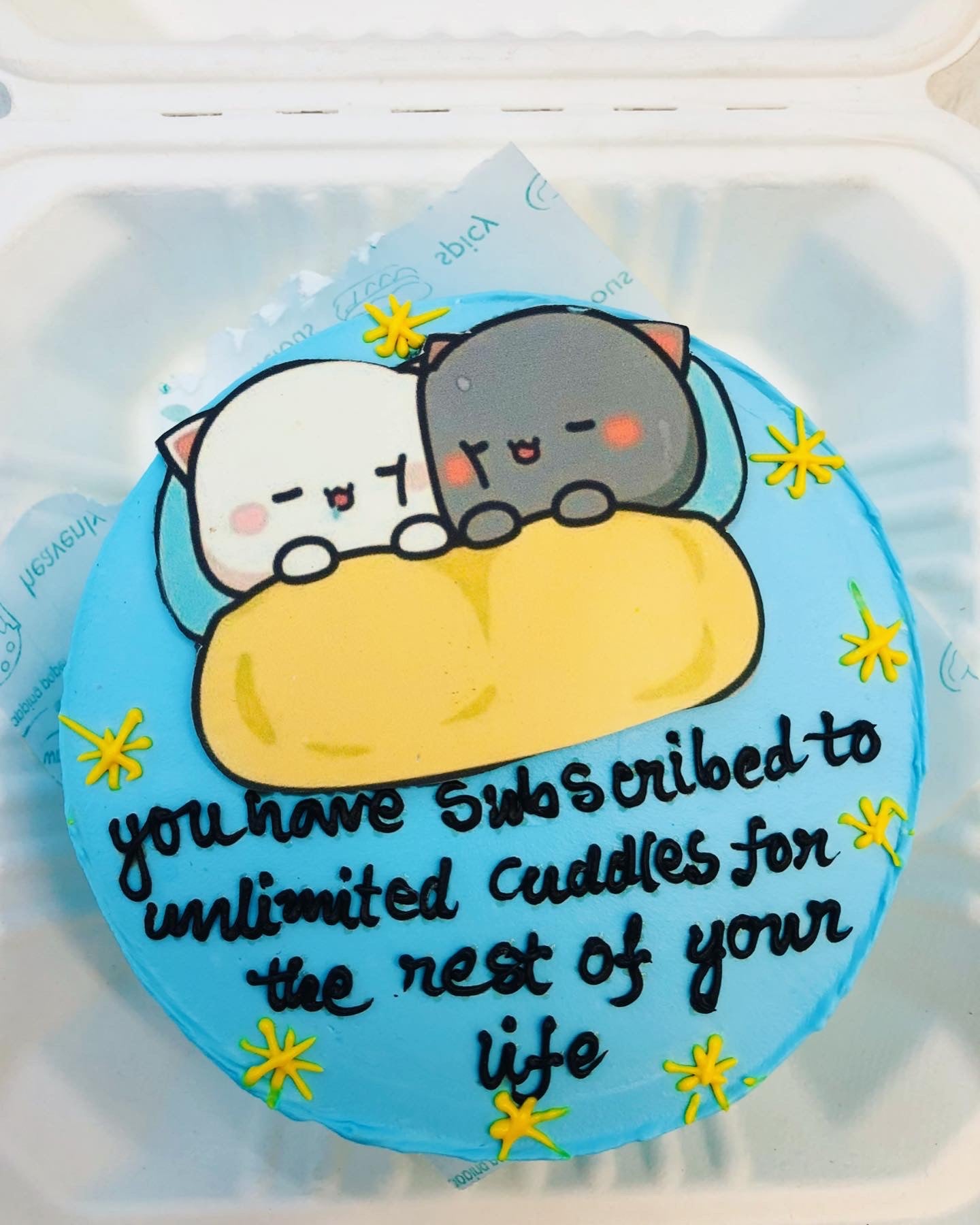 A round cake with a blue frosting base, featuring a cute illustration of two cartoon cats cuddling under a yellow blanket. The cake is decorated with small yellow star-like designs and has the text written in black icing.