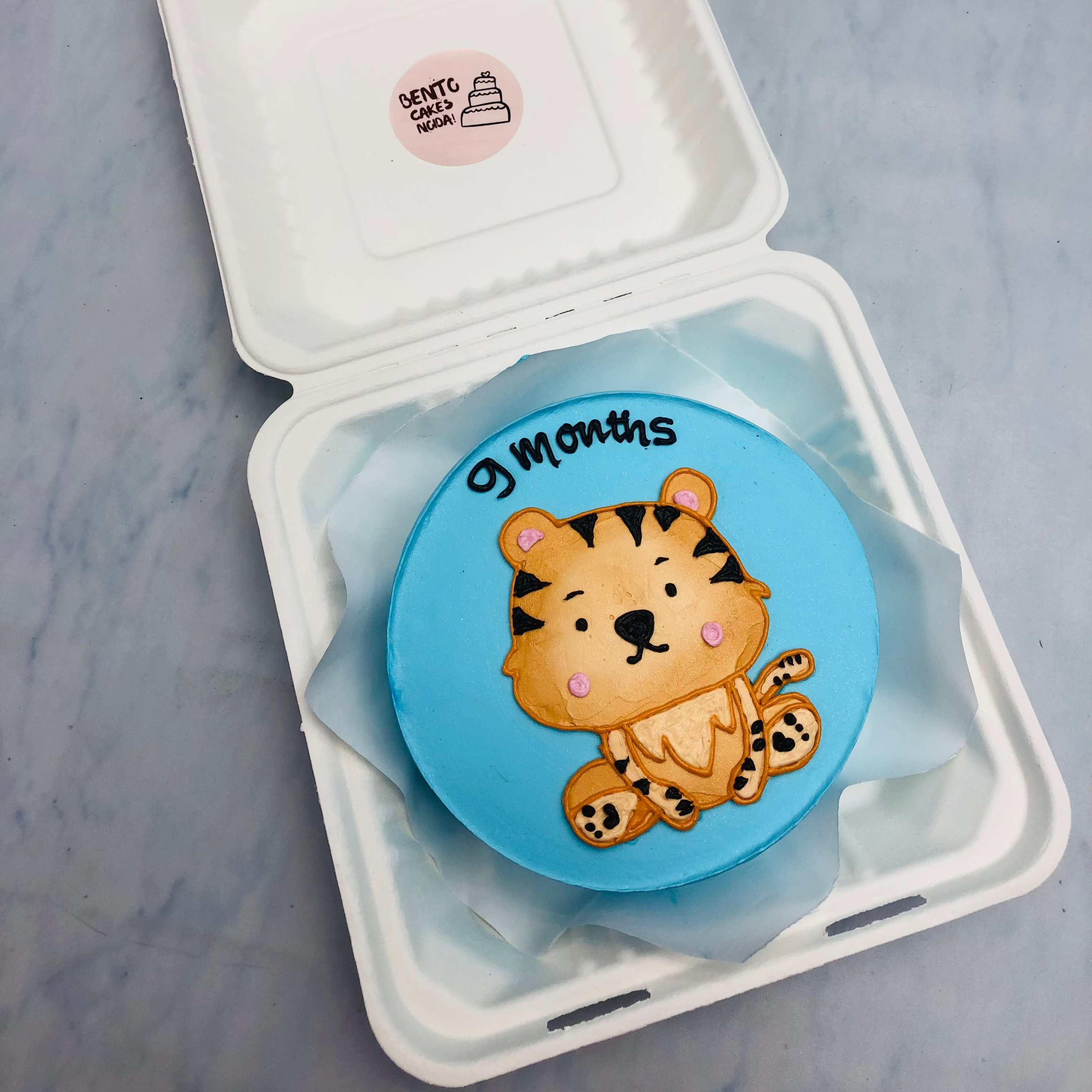 A skyblue bento cake with a cute tiger drawing on it with a 9 monts text.