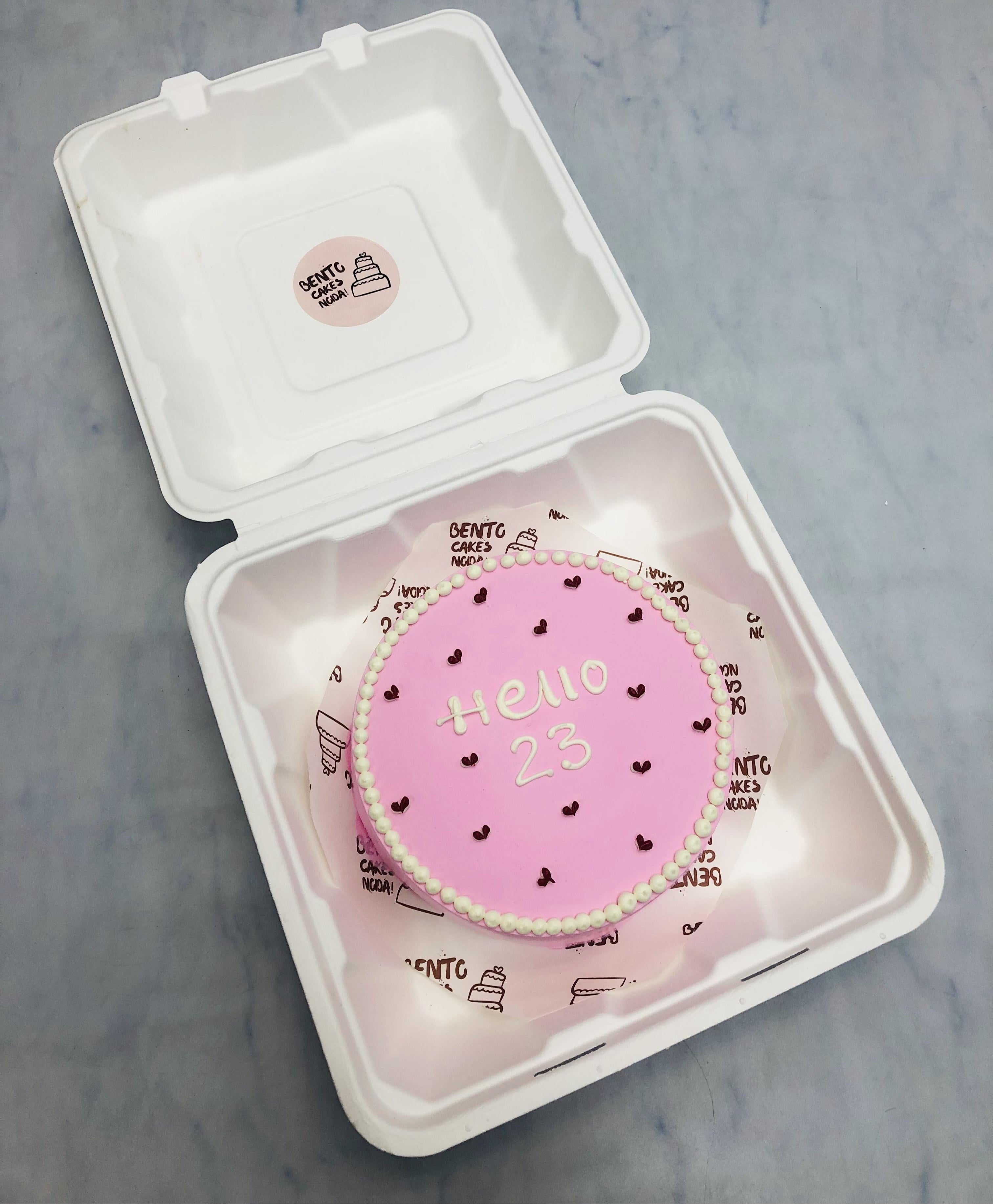 A cool pink bento cake having dark ed hearts design with white boundary and a text "Hello 23" written with white icing.