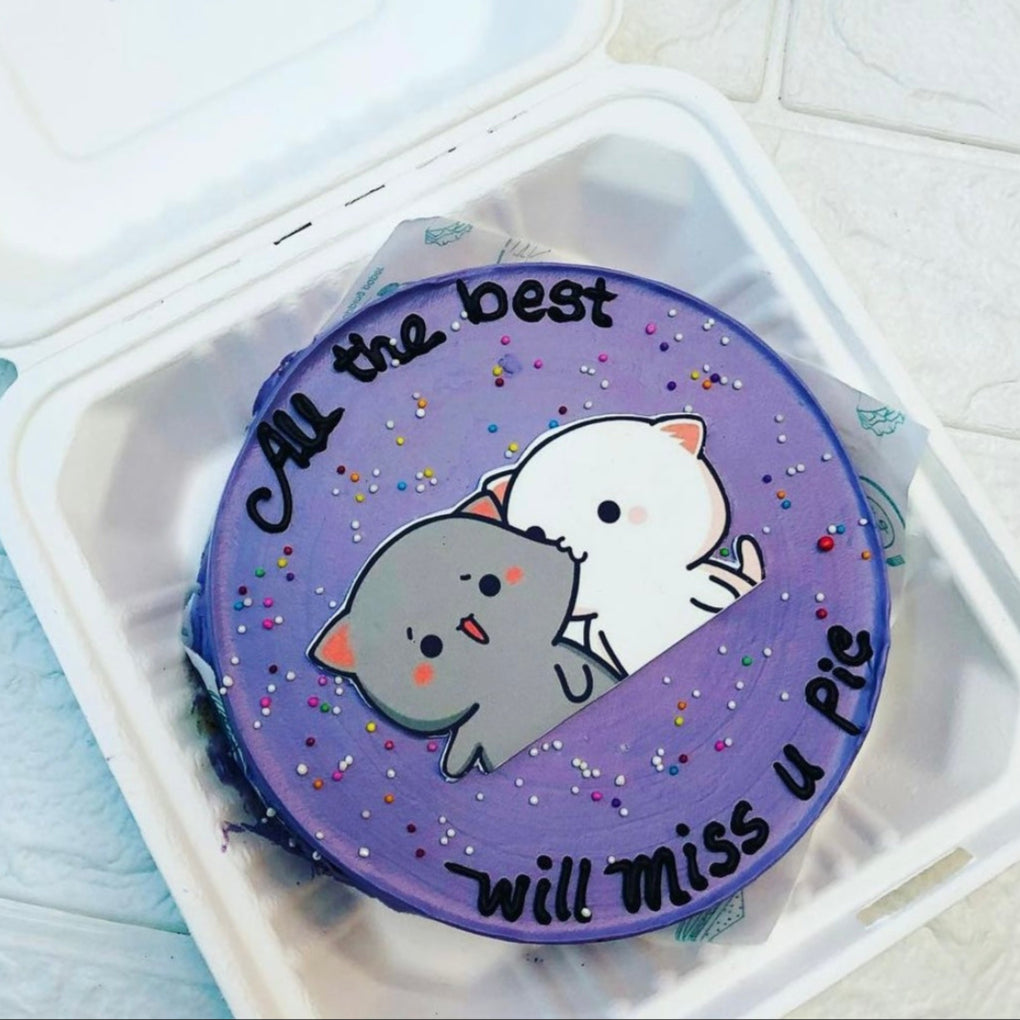 A round cake with purple color decorated with colorful sprinkles and a bubu dudu cartoon cutout place on it with texts "All the best" and "Will miss u pie" with black icing.