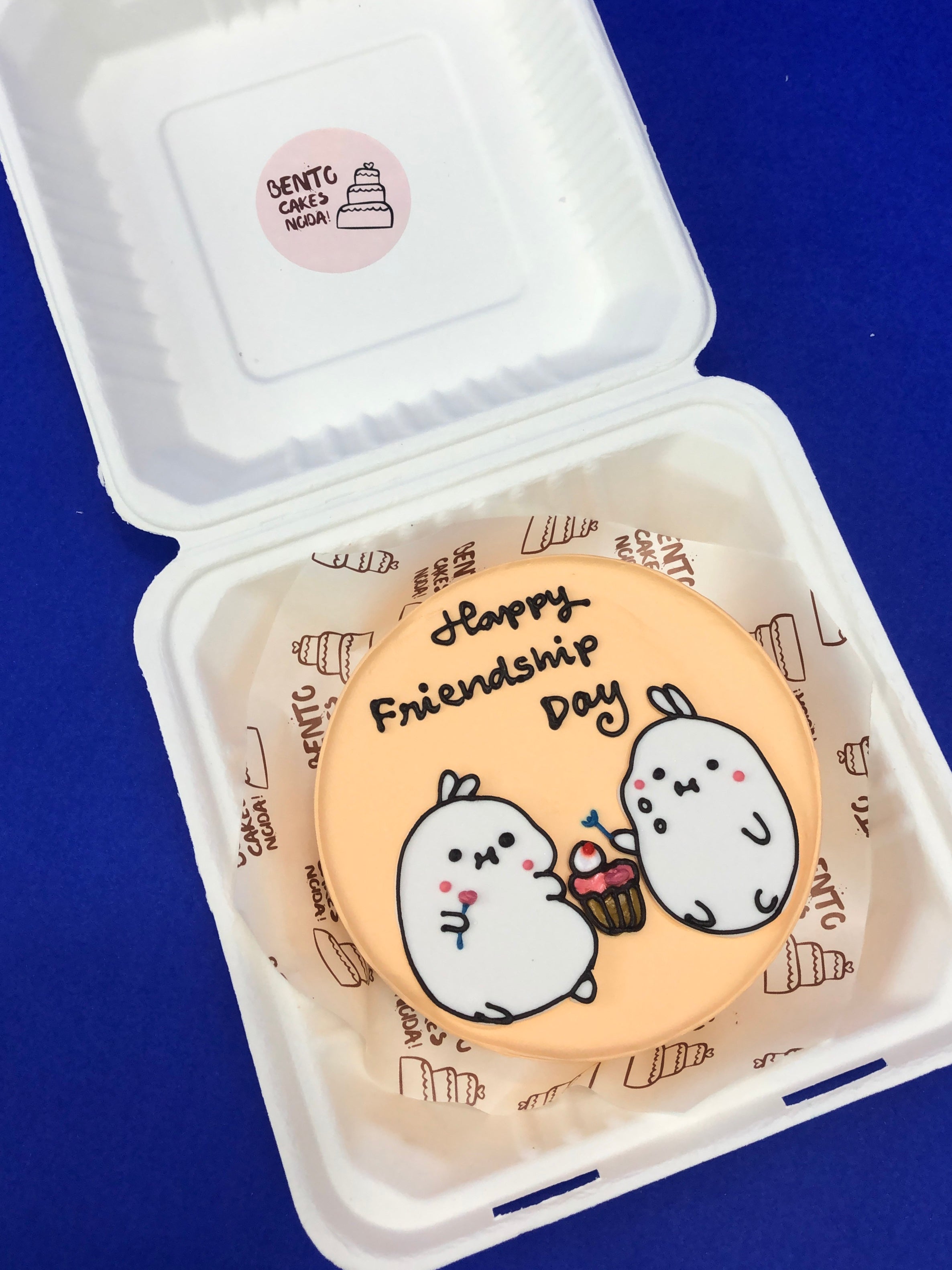 A peach color bento cake havive 2 cute characters celebrating friendship day.