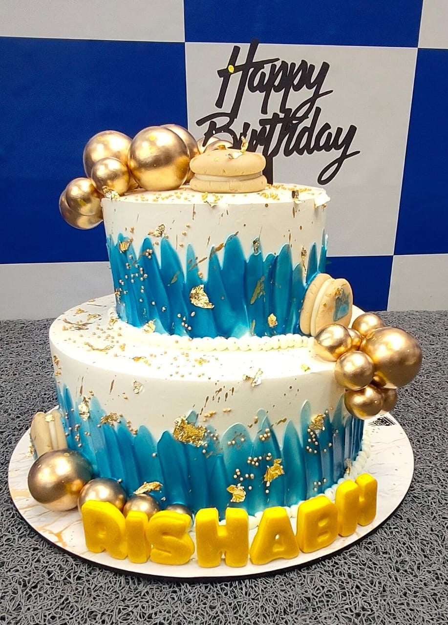 Cream Feather Blue Cake - 3