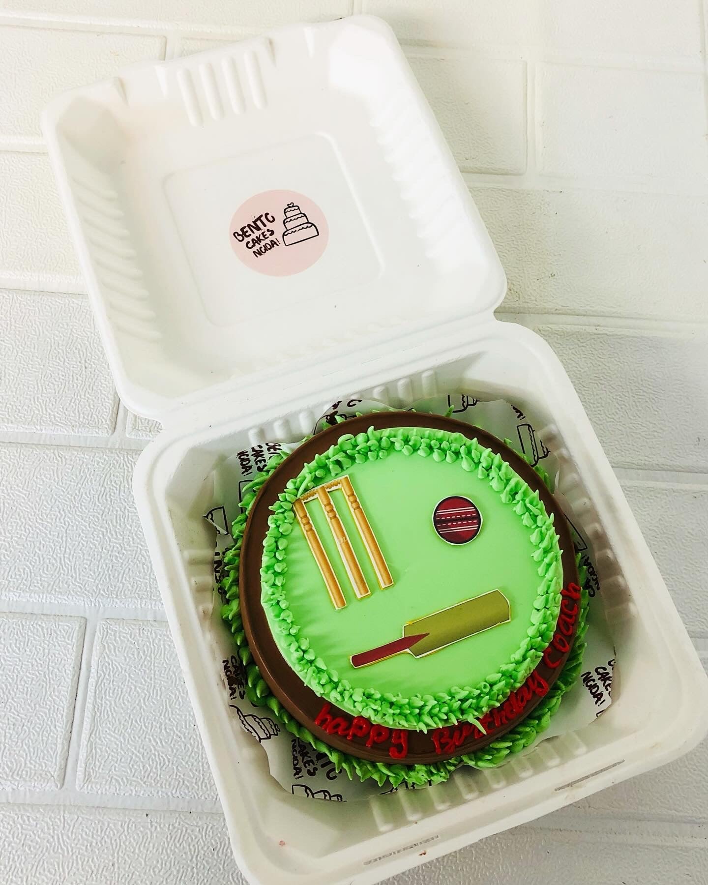 Cricket ground theme green bento cake with stumps, ball, bat print.