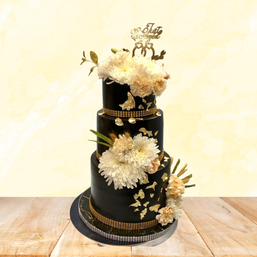 Royal Black Floral Engagement Cake