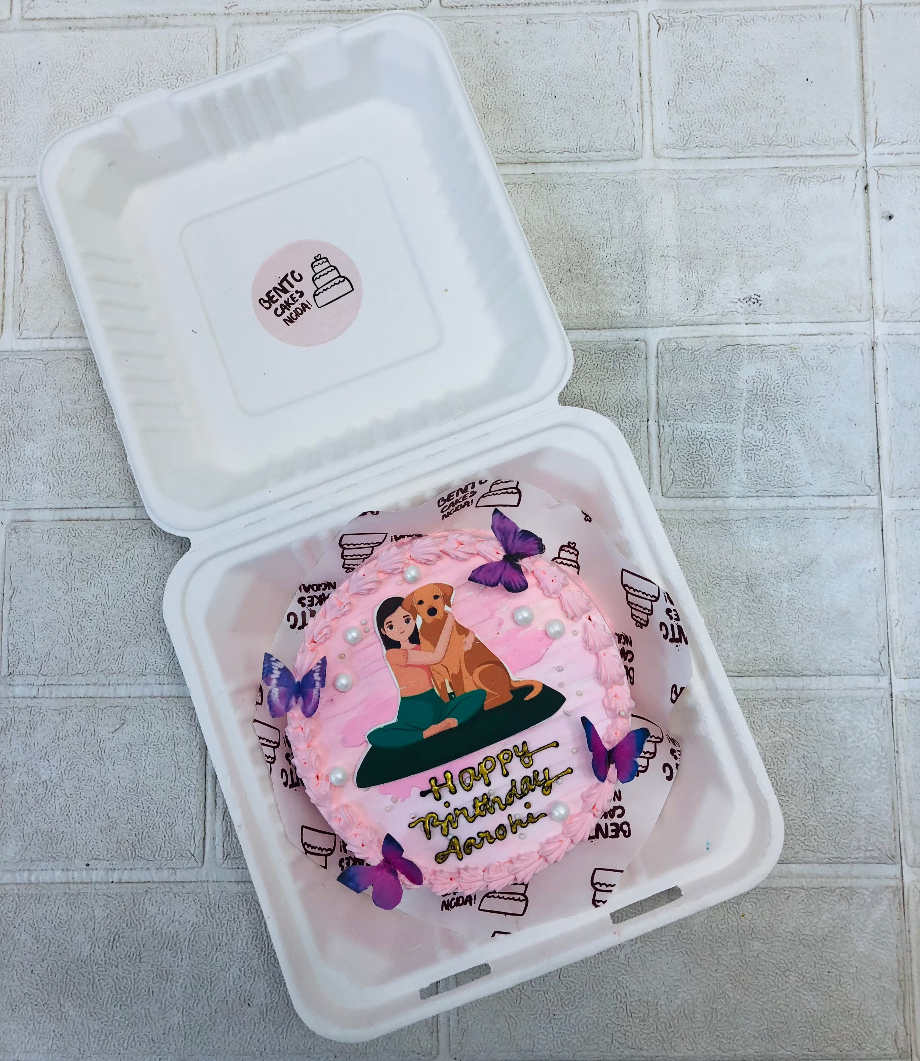 A beautifully crafted birthday cake with pink frosting, featuring an artistic illustration of a person hugging their dog. The cake is adorned with delicate purple butterflies and has "Happy Birthday Anisha" written in yellow icing.